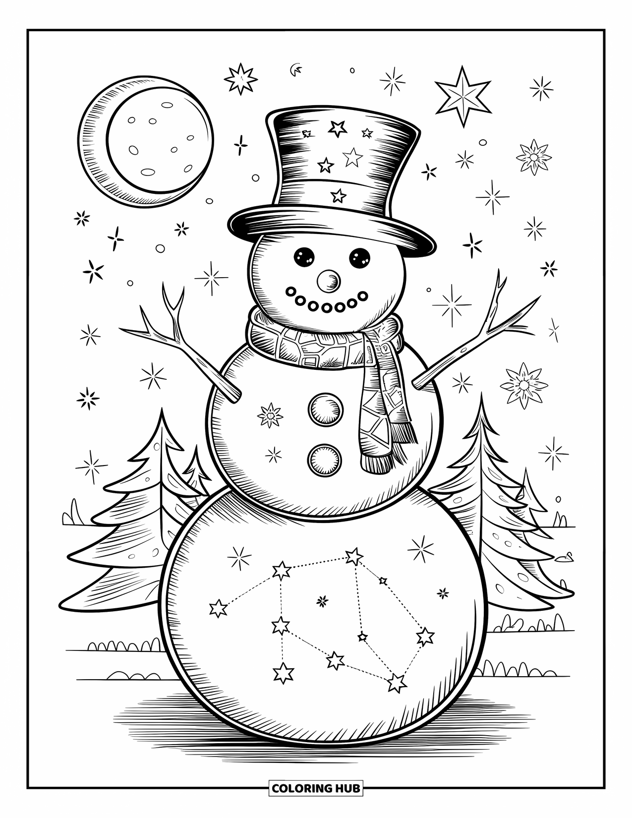Kolorowanka z bałwanem dla dorosłych: Rozmarzony bałwan ozdobiony gwiazdami i konstelacjami stoi pod świecącym księżycem i migoczącymi płatkami śniegu.