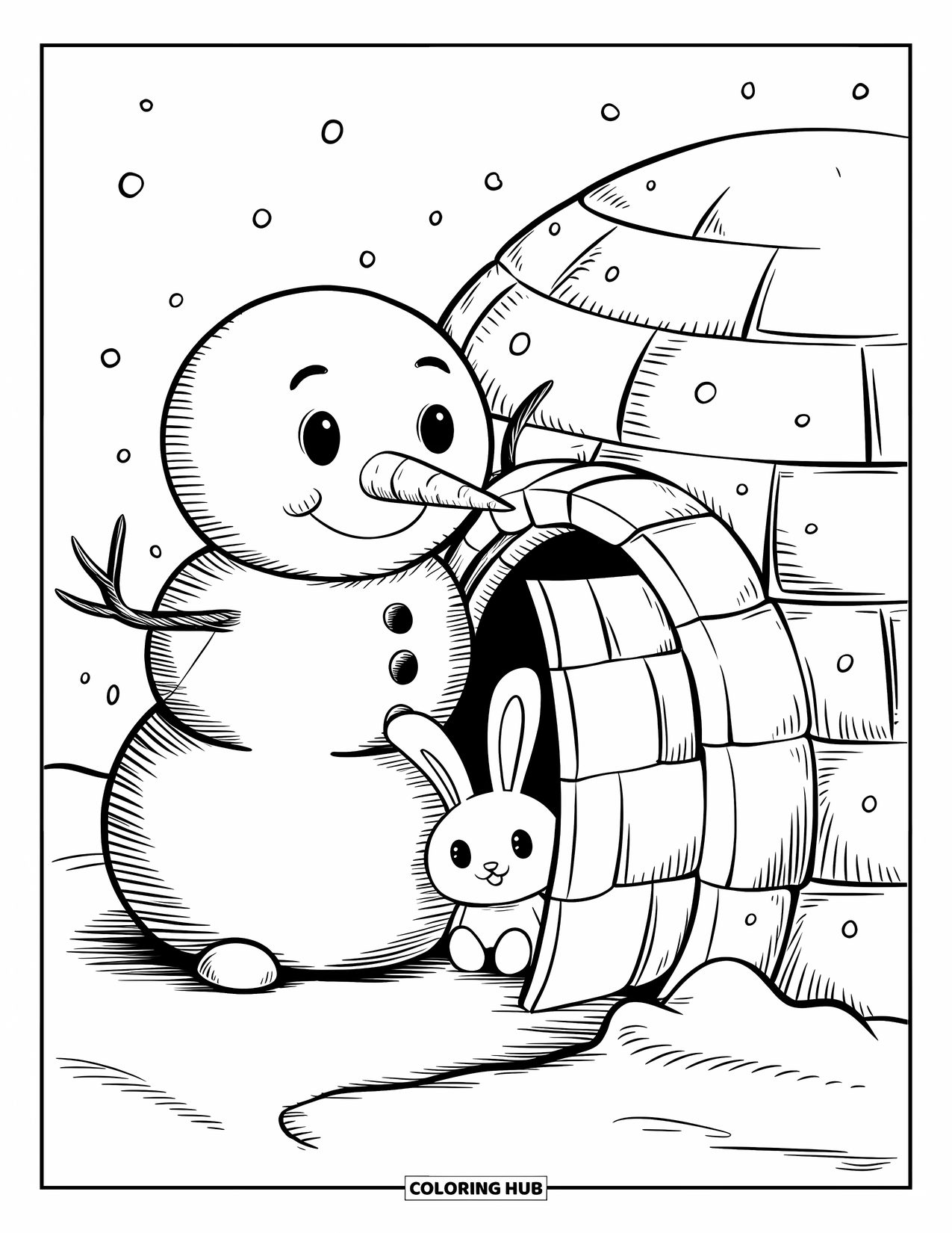 Kolorowanka z bałwanem dla dorosłych: Przyjazny bałwan otwiera drzwi maleńkiego igloo, a ciekawy króliczek chętnie zagląda do środka