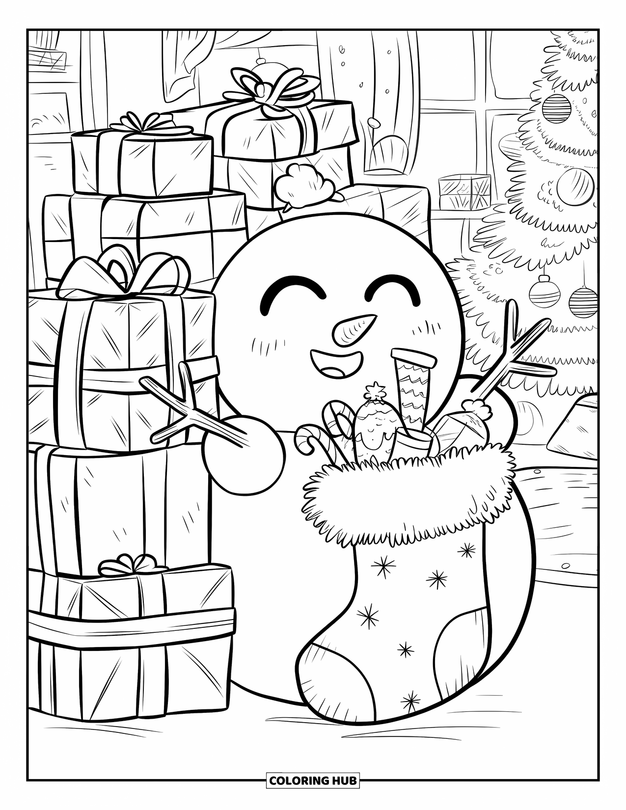 Kolorowanka z bałwanem dla dorosłych: Chichoczący bałwan wygląda zza sterty zapakowanych prezentów, trzymając puszystą pończochę