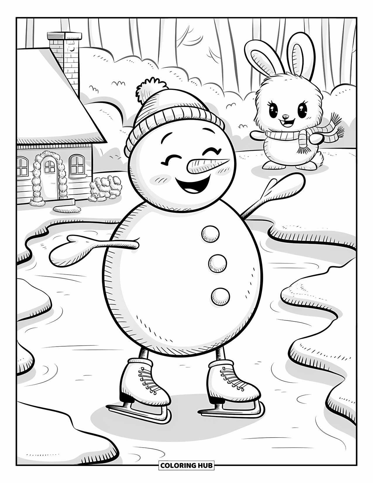 Kolorowanka z bałwanem dla dorosłych: Radosny bałwan chwieje się na łyżwach, balansując na lodzie, podczas gdy królik w małym szaliku obserwuje.