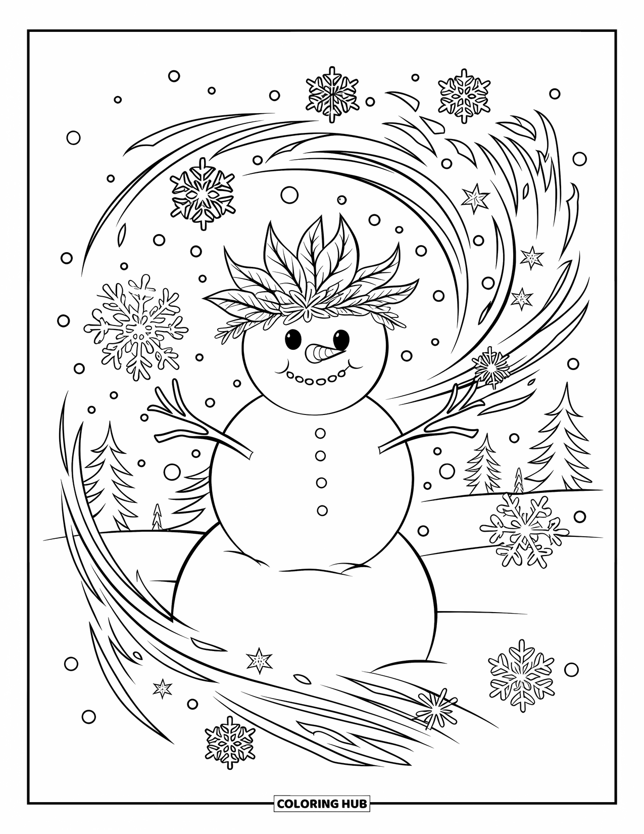 Kolorowanka z bałwanem dla dorosłych: Mistyczny bałwan noszący koronę z zamarzniętych liści stoi w wirujących zimowych wiatrach wypełnionych delikatnymi płatkami śniegu.