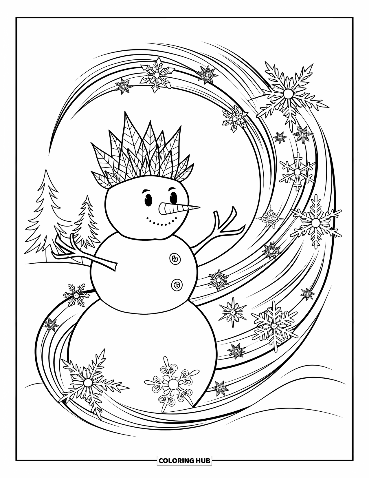 Kolorowanka z bałwanem dla dorosłych: Mistyczny bałwan z koroną z zamarzniętych liści stoi na zimowym wietrze wypełnionym skomplikowanymi płatkami śniegu.