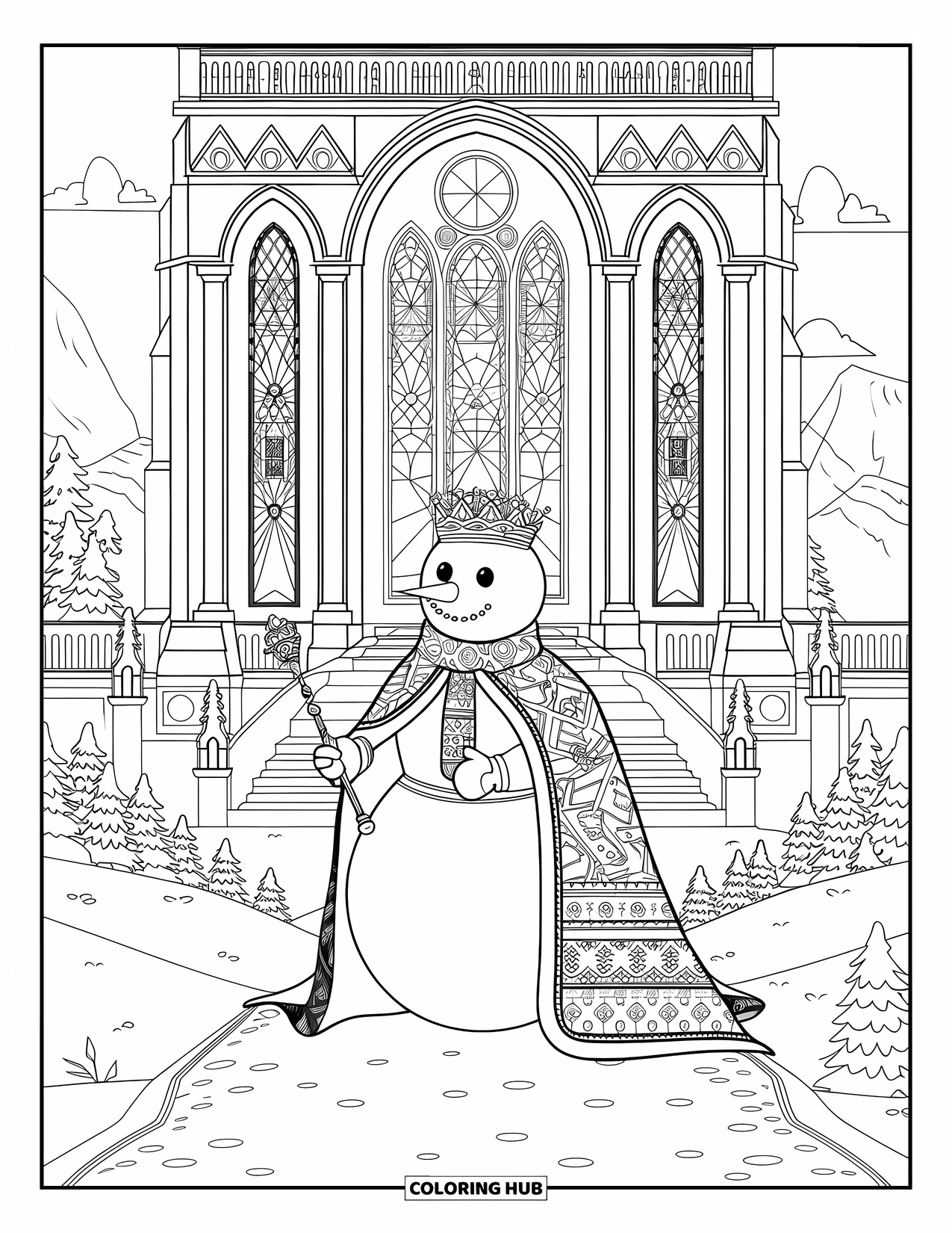 Kolorowanka z bałwanem dla dorosłych: Szlachetny bałwan noszący koronę i płaszcz stoi przed majestatyczną katedrą ze skomplikowanymi detalami.