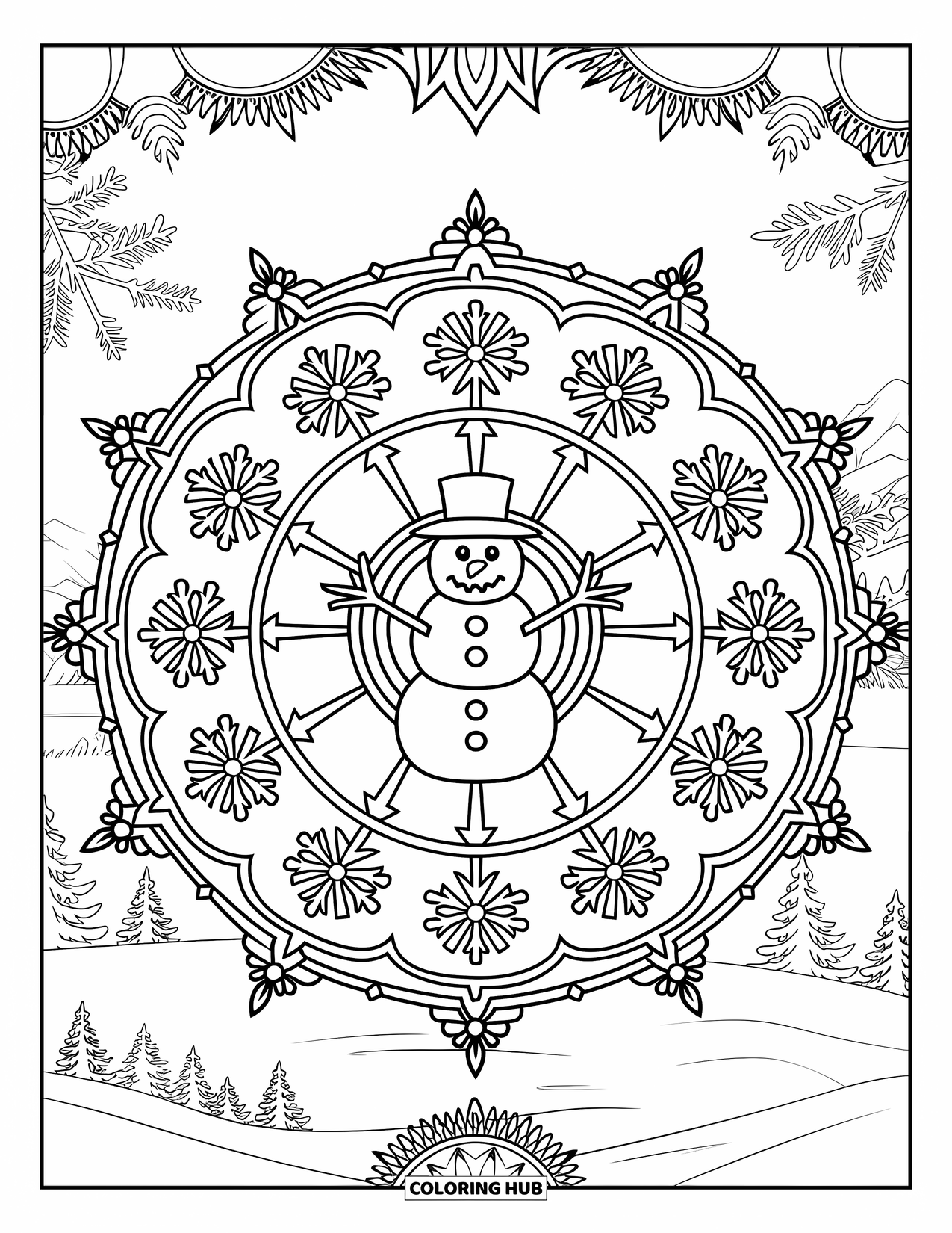 Kolorowanka z bałwanem dla dorosłych: Spokojny bałwan jest otoczony szczegółową mandalą, z płatkami śniegu promieniującymi na zewnątrz w zimowej scenerii.