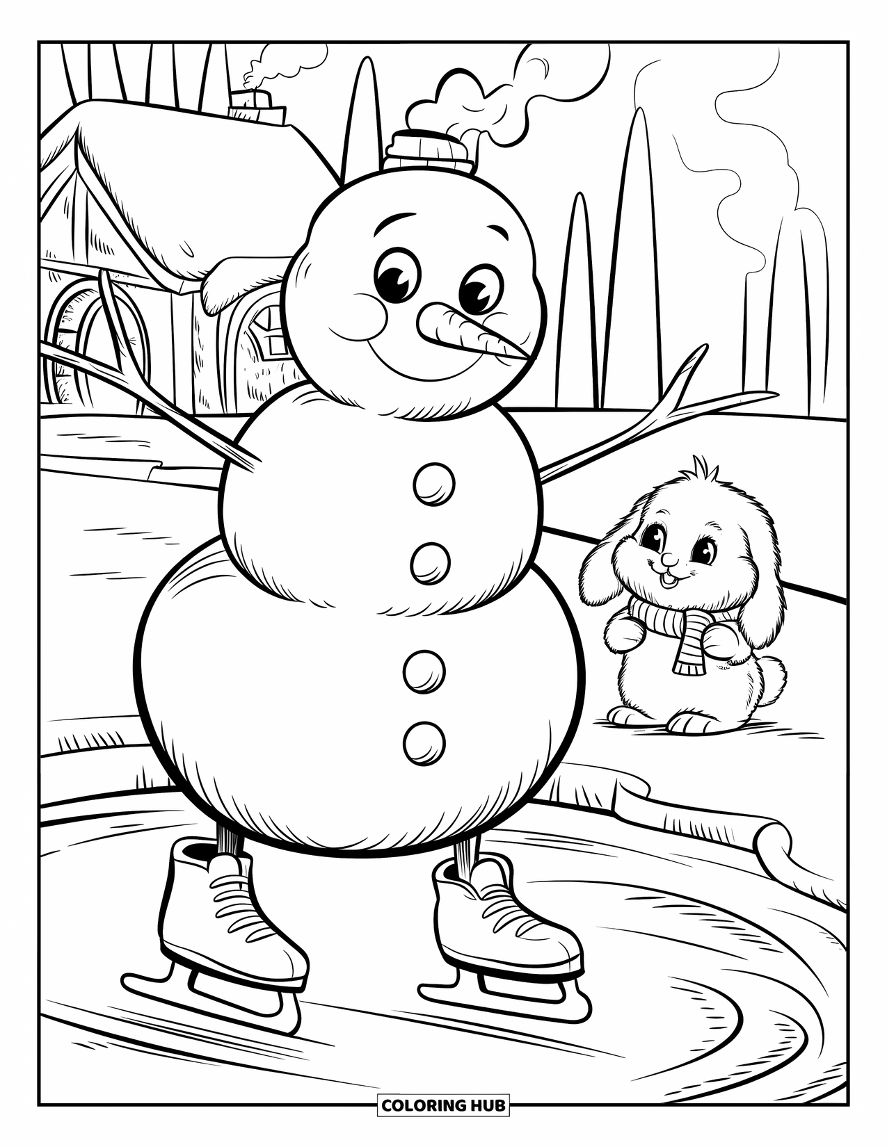 Kolorowanka z bałwanem dla dorosłych: Figlarny bałwan jeździ na łyżwach po lodowym stawie, z wyciągniętymi ramionami, a puszysty króliczek obserwuje
