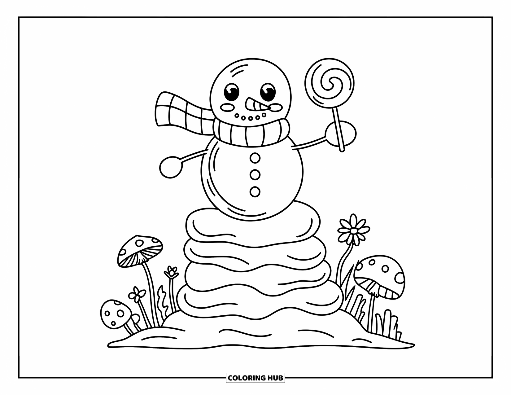 Kolorowanka z bałwanem dla dorosłych: Figlarny bałwan z dużą muszką kręci lizakiem, stojąc na puszystych stosach śniegu