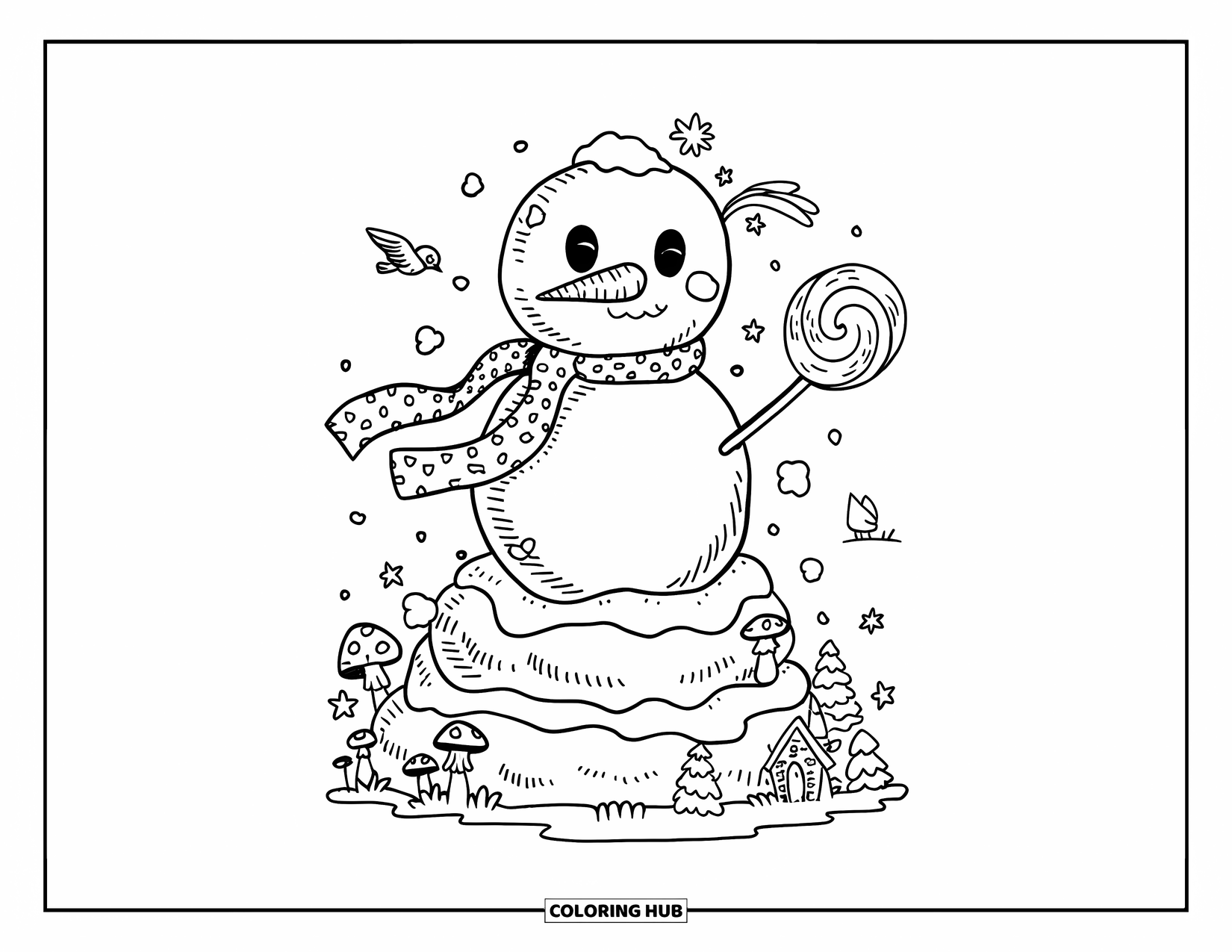 Kolorowanka z bałwanem dla dorosłych: Figlarny bałwan z miękką muszką kręci lizakiem, stojąc na puszystych stosach śniegu