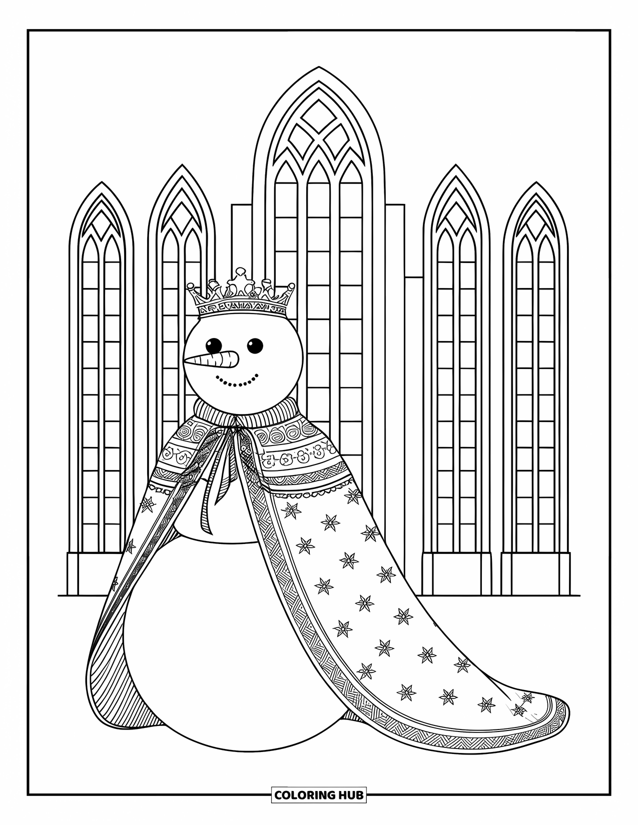 Kolorowanka z bałwanem dla dorosłych: Dostojny bałwan w wzorzystej pelerynie stoi przed wielką katedrą z wysokimi witrażami.