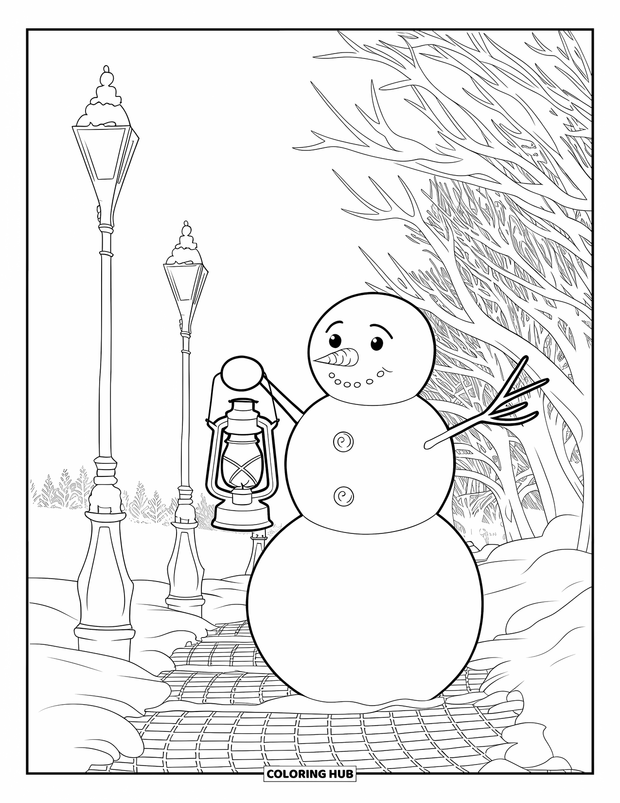 Kolorowanka z bałwanem dla dorosłych: Bałwan trzymający latarnię stoi na brukowanej ścieżce, wzdłuż której ustawione są latarnie uliczne i kręte gałęzie drzew.