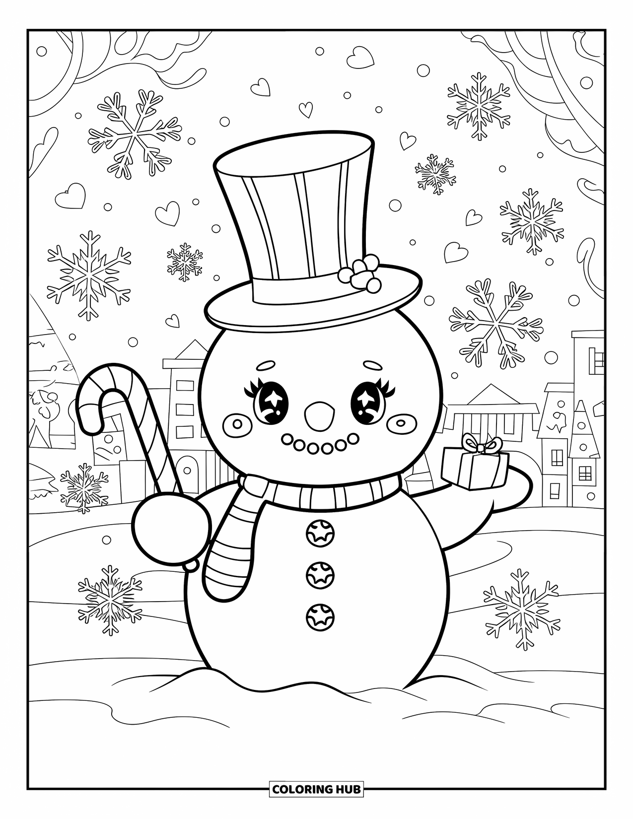 Kolorowanka z bałwanem dla dorosłych: Bałwan w wysokim, kapryśnym cylindrze trzyma laskę cukrową i mały zapakowany prezent.