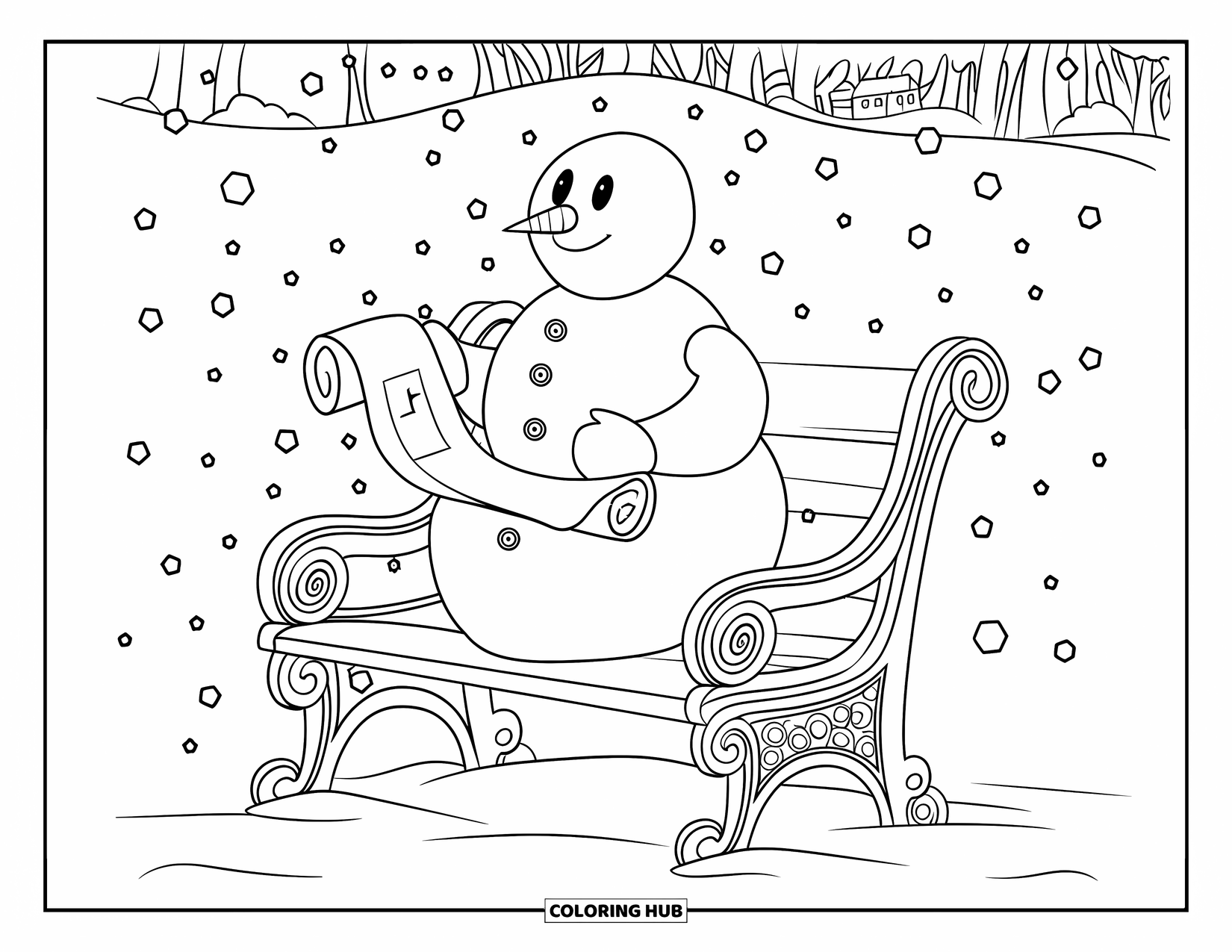 Kolorowanka z bałwanem dla dorosłych: Bałwan siedzi na ozdobnej drewnianej ławce, trzymając zwój, podczas gdy wokół delikatnie pada śnieg.