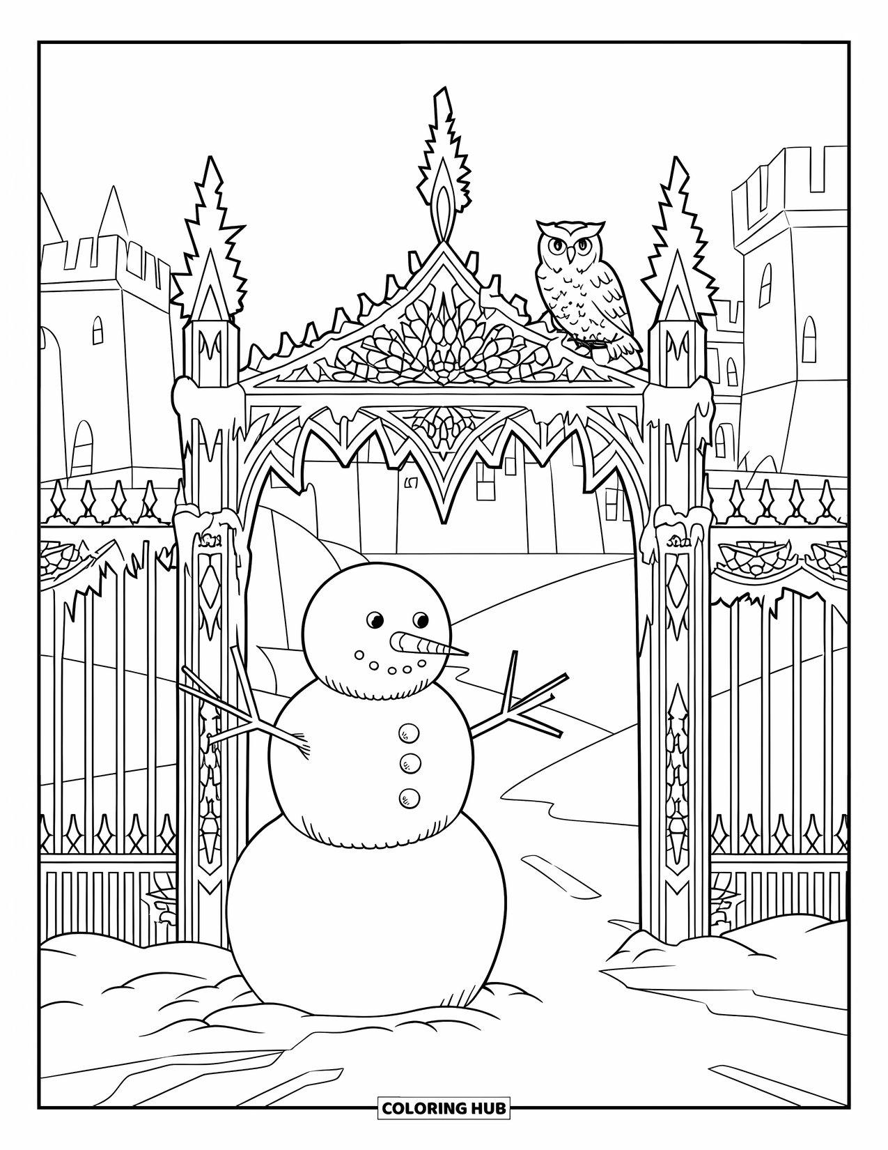 Kolorowanka z bałwanem dla dorosłych: Bałwan stoi u wejścia do wielkiej, pokrytej szronem bramy, z sową obserwującą z góry.