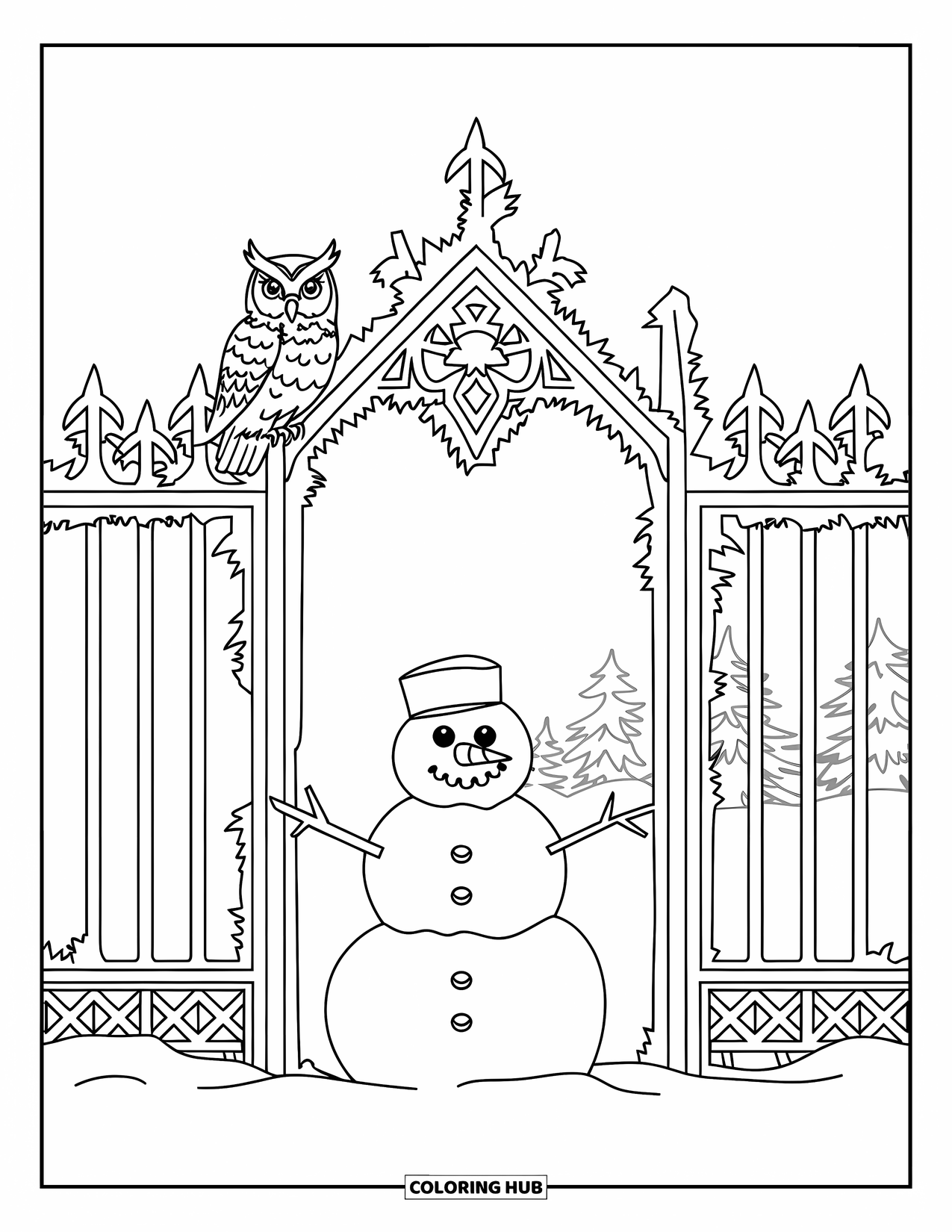 Kolorowanka z bałwanem dla dorosłych: Bałwan stoi przed bramą w stylu gotyckim, z sową siedzącą na szczegółowej metalowej konstrukcji w śniegu.