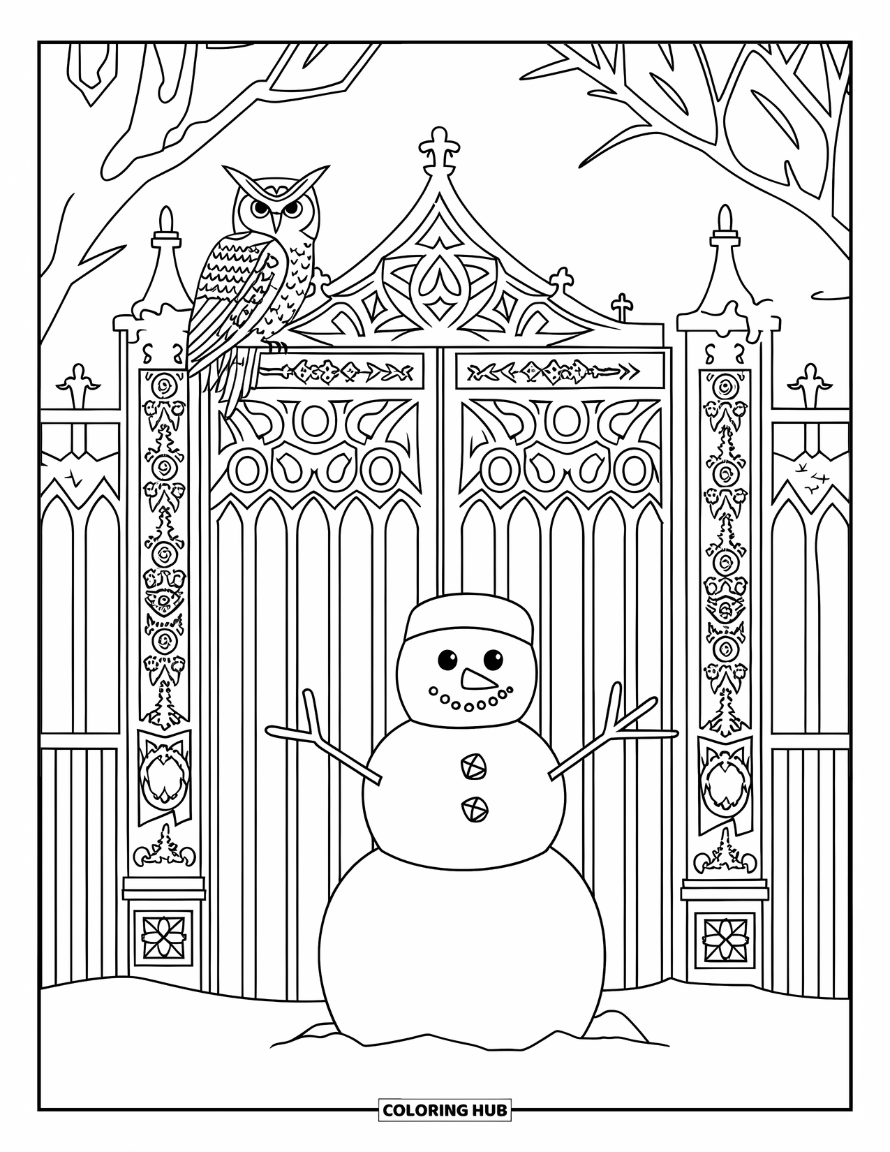 Kolorowanka z bałwanem dla dorosłych: Bałwan stoi przed wyszukaną gotycką bramą, z sową siedzącą na jej skomplikowanej, pokrytej szronem metalowej konstrukcji.