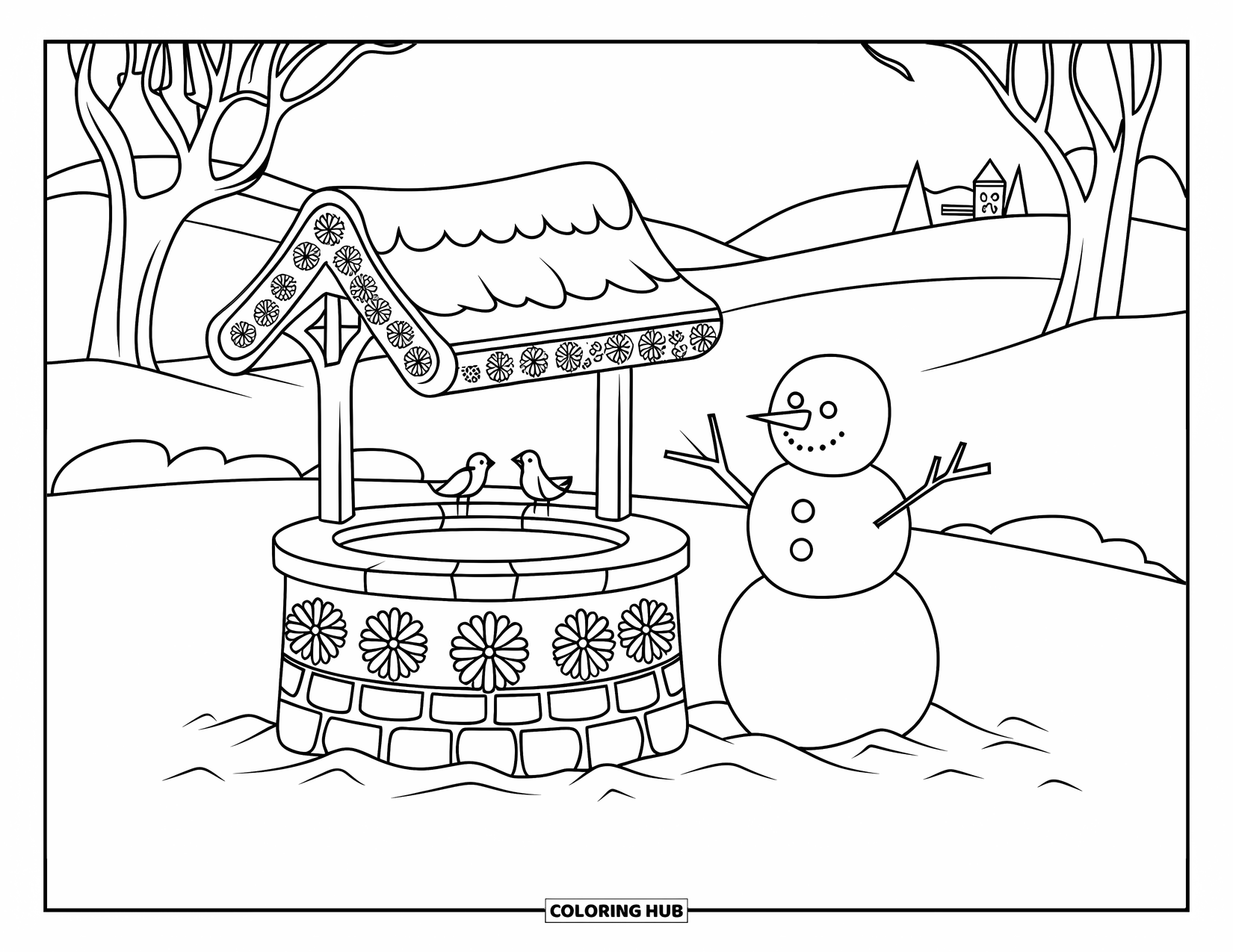 Kolorowanka z bałwanem dla dorosłych: Bałwan stoi obok szczegółowej kamiennej studni życzeń, otoczony drzewami, wzgórzami i odległym budynkiem.