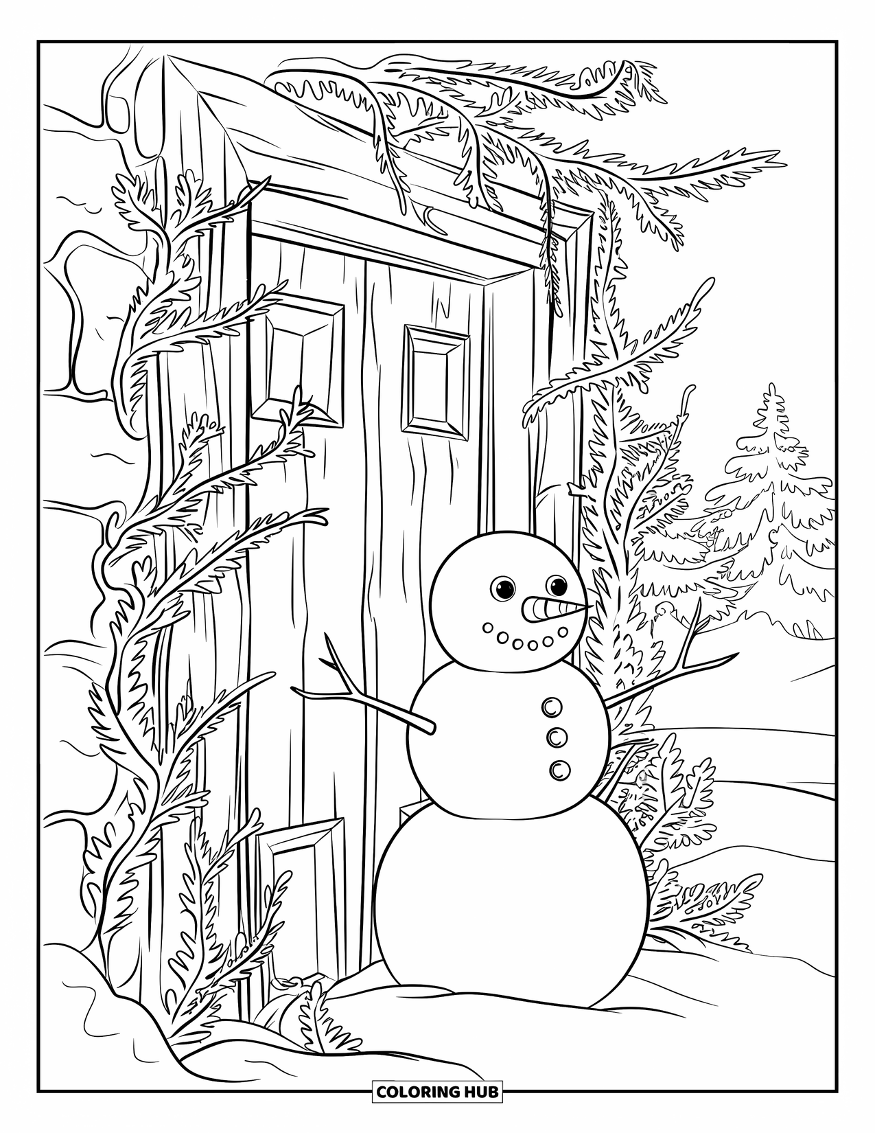 Kolorowanka z bałwanem dla dorosłych: Bałwan stoi obok starożytnych drewnianych drzwi, ukrytych za gałęziami obciążonymi szronem i szczegółowym bluszczem.