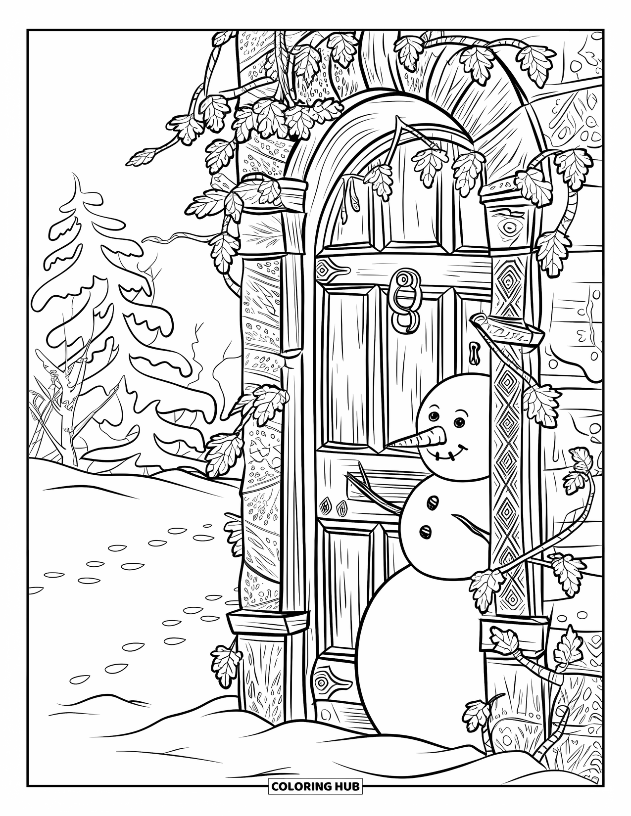 Kolorowanka z bałwanem dla dorosłych: Bałwan stoi obok starych drewnianych drzwi, częściowo ukrytych za skomplikowanym bluszczem i pokrytymi śniegiem gałęziami.