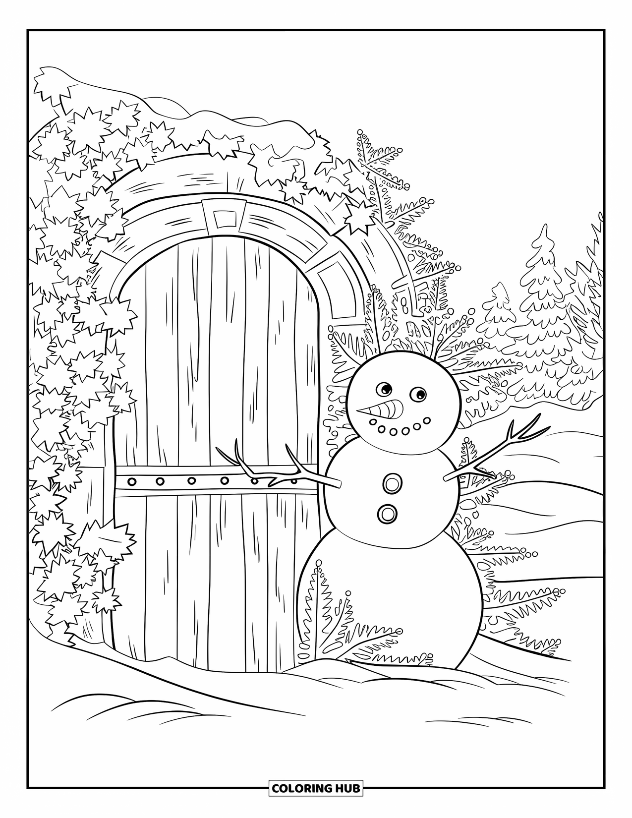 Kolorowanka z bałwanem dla dorosłych: Bałwan stoi w pobliżu tajemniczych drewnianych drzwi, pokrytych szronem i otoczonych śnieżnym krajobrazem.