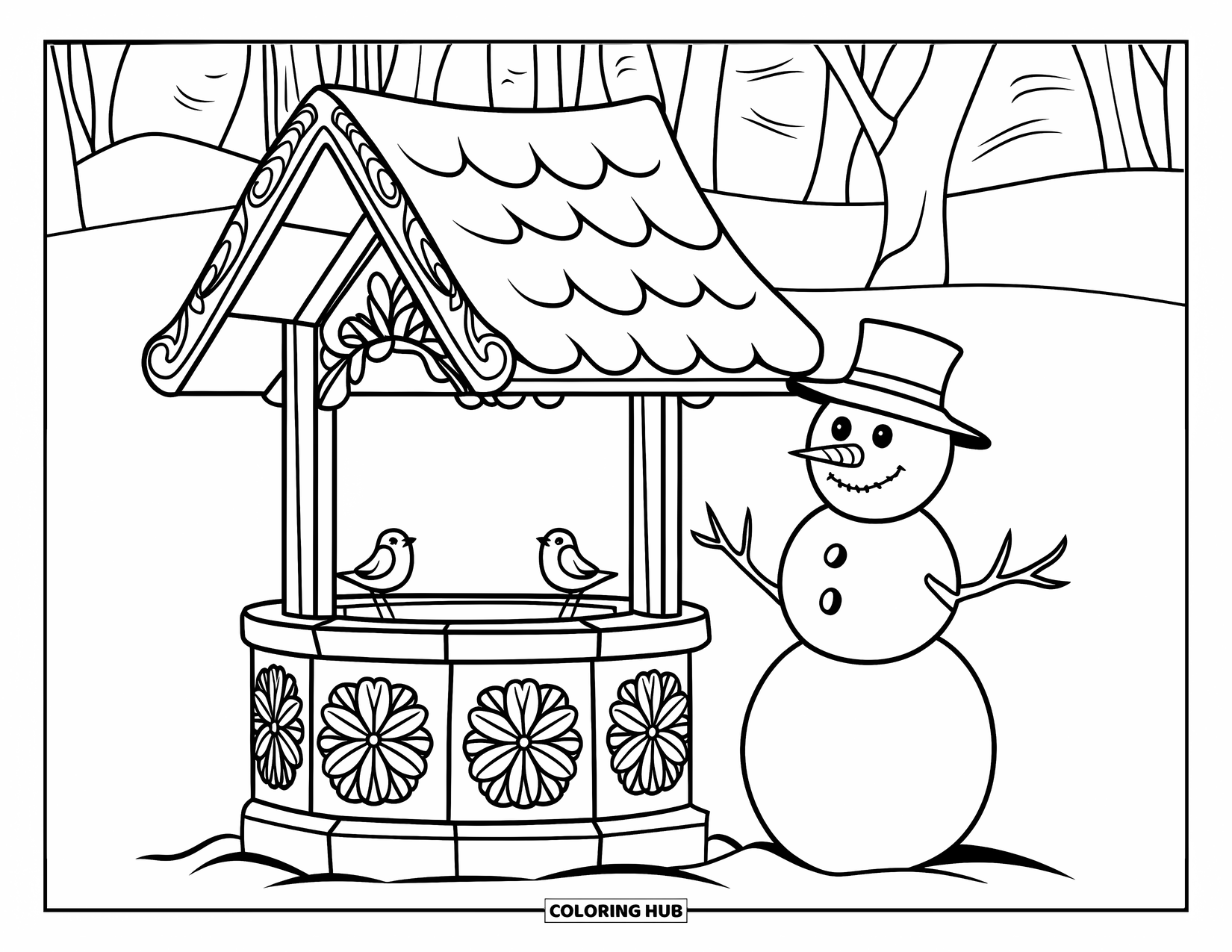 Kolorowanka z bałwanem dla dorosłych: Bałwan stoi obok pięknie rzeźbionej kamiennej studni życzeń, gdzie dwa małe ptaszki siedzą na krawędzi.