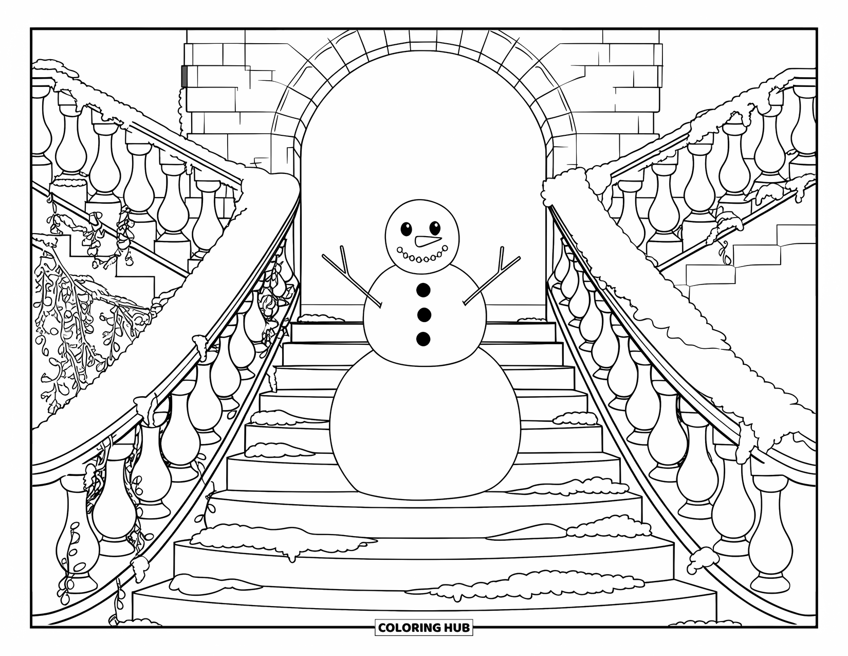 Kolorowanka z bałwanem dla dorosłych: Bałwan stoi na starożytnych kamiennych schodach, otoczony pokrytym szronem bluszczem i rzeźbionymi balustradami.