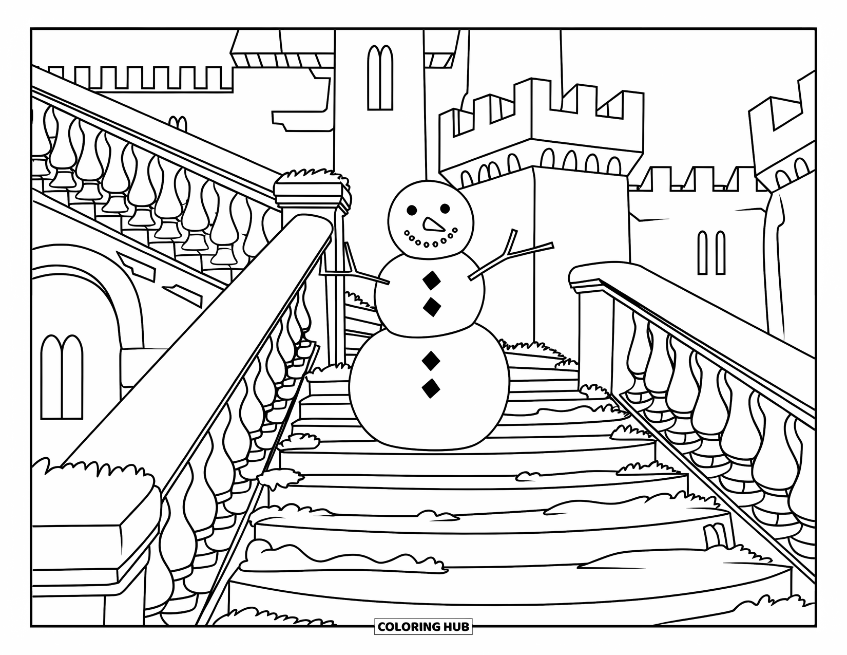 Kolorowanka z bałwanem dla dorosłych: Bałwan stoi na starych kamiennych schodach, z wieżami zamku i łukowymi oknami w tle.