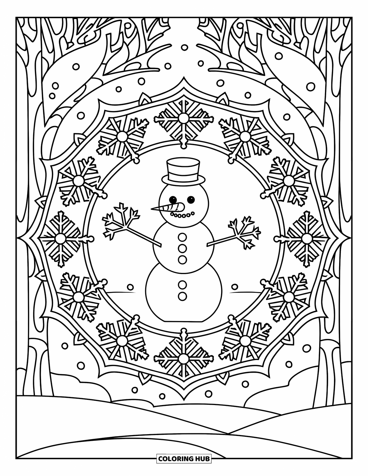Kolorowanka z bałwanem dla dorosłych: Bałwan stoi wewnątrz ozdobnej mandali, otoczony wirującymi płatkami śniegu i delikatnymi zimowymi symbolami.
