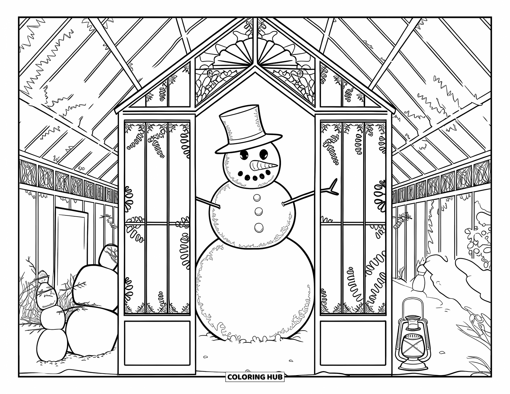 Kolorowanka z bałwanem dla dorosłych: Bałwan w cylindrze stoi w oszronionej szklarni, otoczony roślinami i mniejszymi bałwanami.