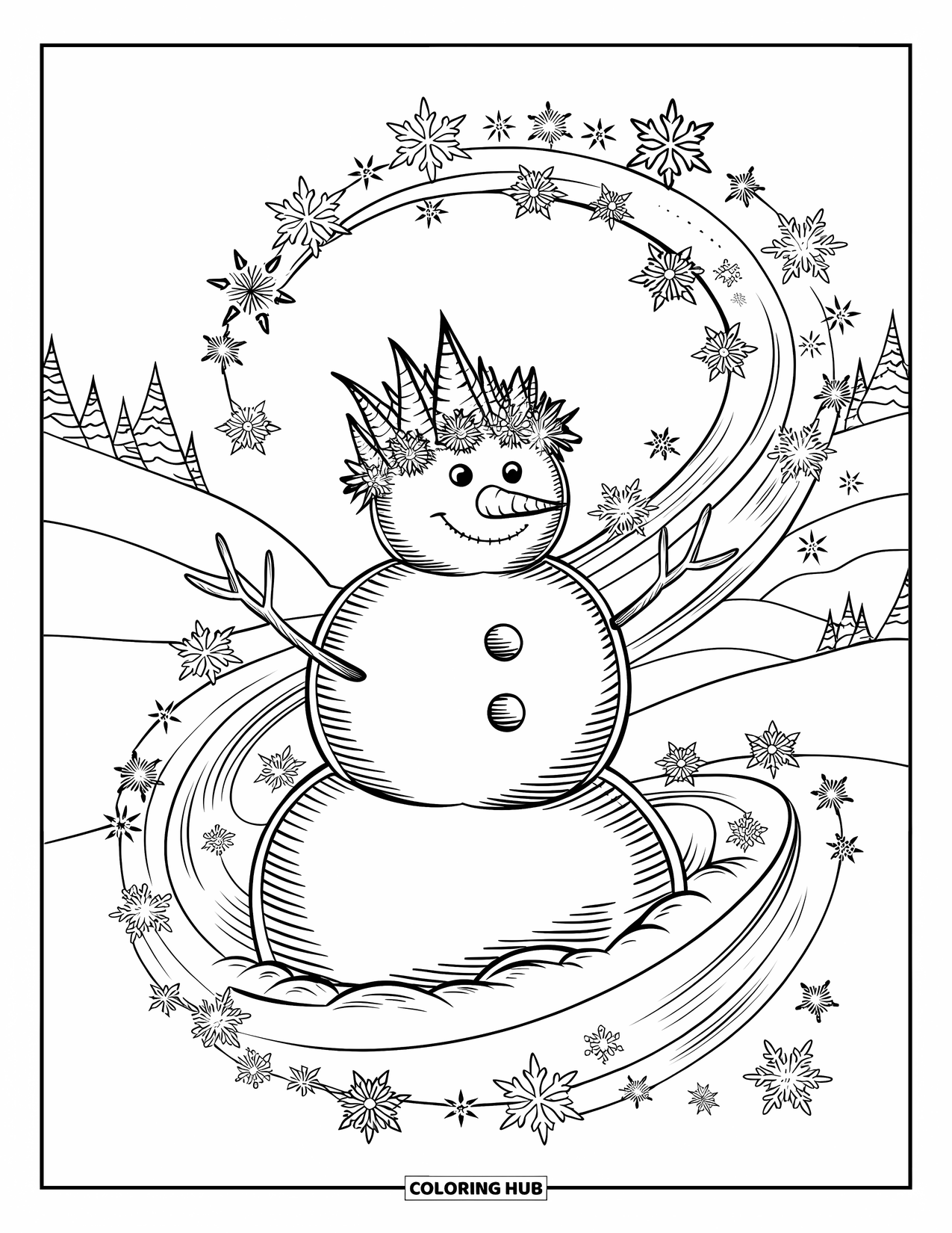 Kolorowanka z bałwanem dla dorosłych: Bałwan z koroną z zamarzniętych liści stoi w śnieżnym krajobrazie, otoczony wirującymi płatkami śniegu.