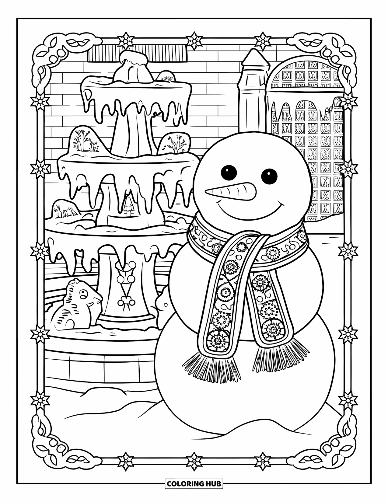 Kolorowanka z bałwanem dla dorosłych: Bałwan z powiewającym szalikiem stoi obok zamarzniętej fontanny ze skomplikowanymi rzeźbieniami, w pobliżu ceglanej ściany i bramy.