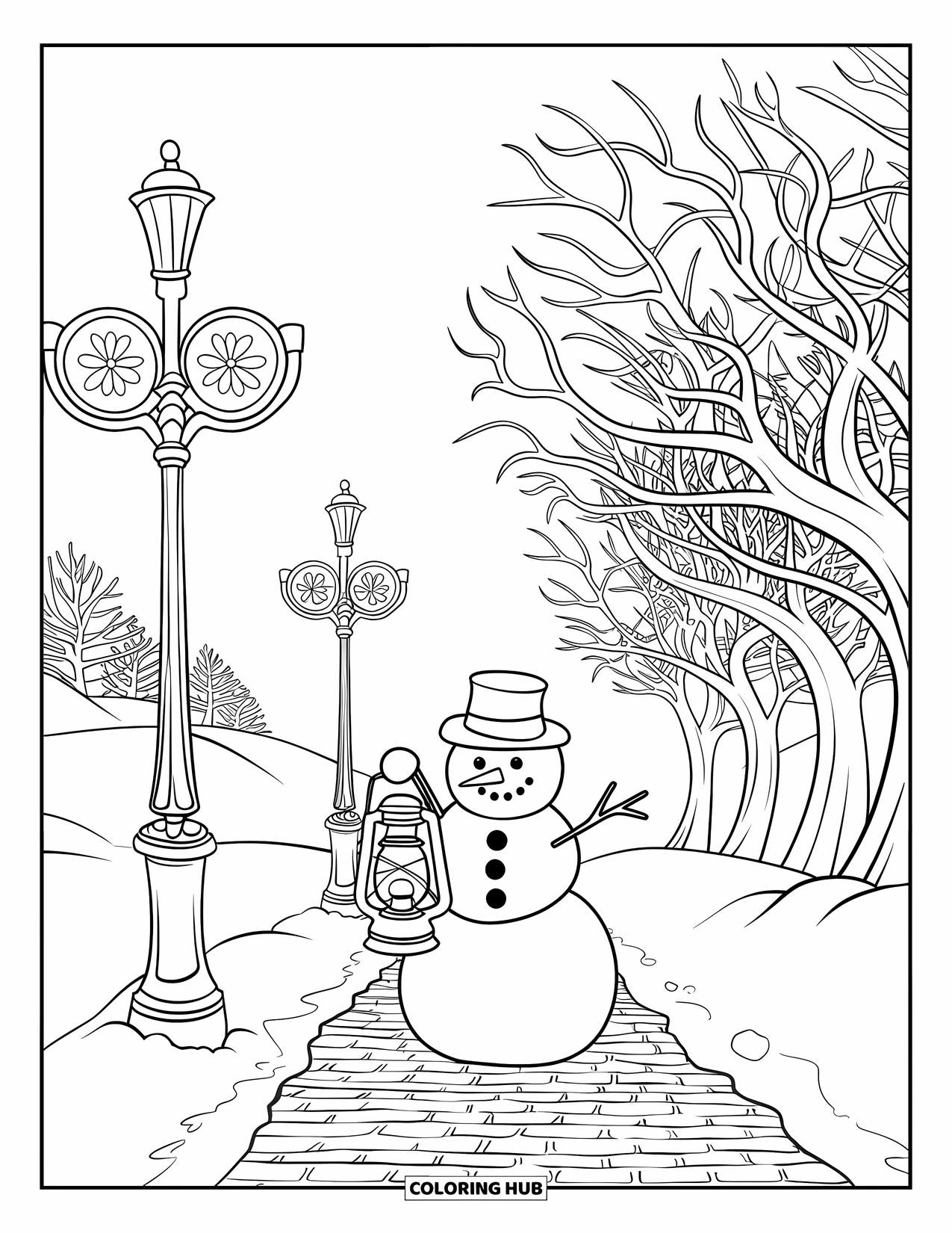 Kolorowanka z bałwanem dla dorosłych: Bałwan z latarnią stoi na brukowanej ścieżce, otoczony ozdobnymi latarniami ulicznymi i ośnieżonymi drzewami.