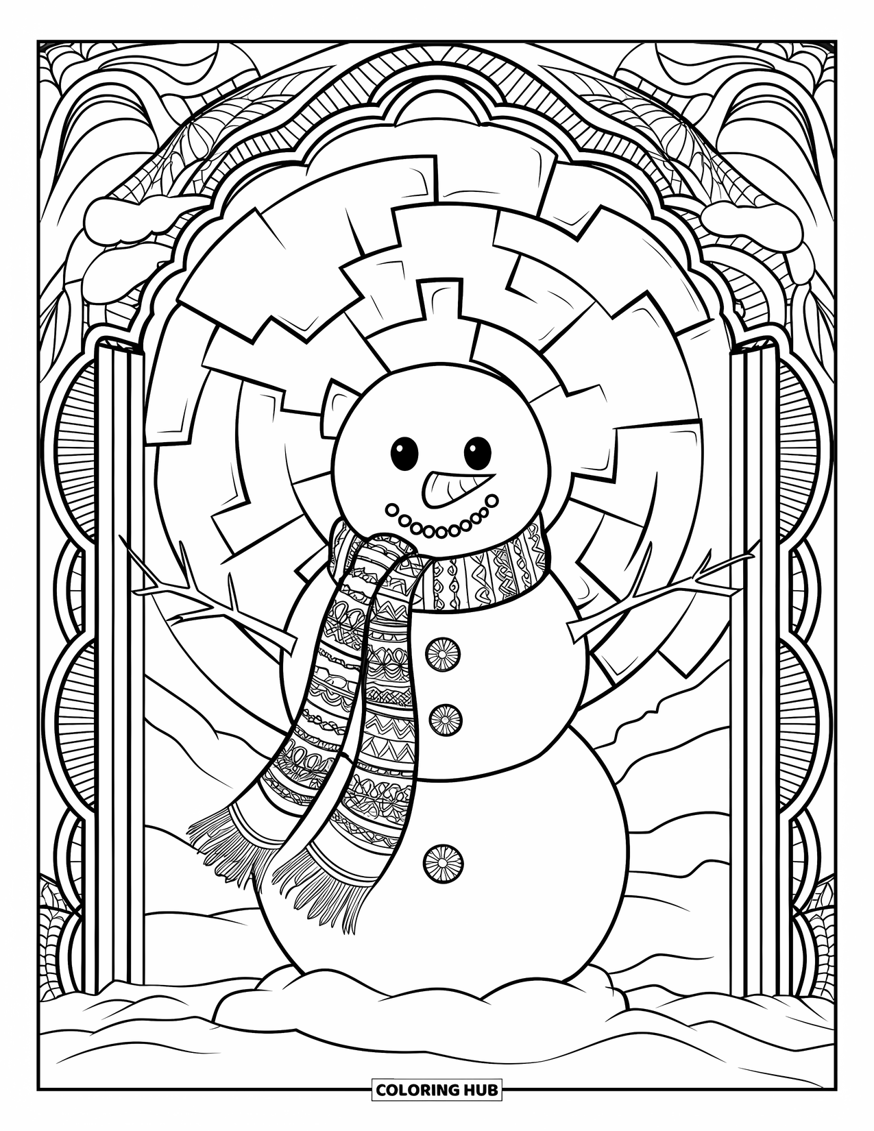 Kolorowanka z bałwanem dla dorosłych: Bałwan z długim szalikiem stoi u wejścia do pokrytego śniegiem labiryntu z wygrawerowanymi kamiennymi ścieżkami.