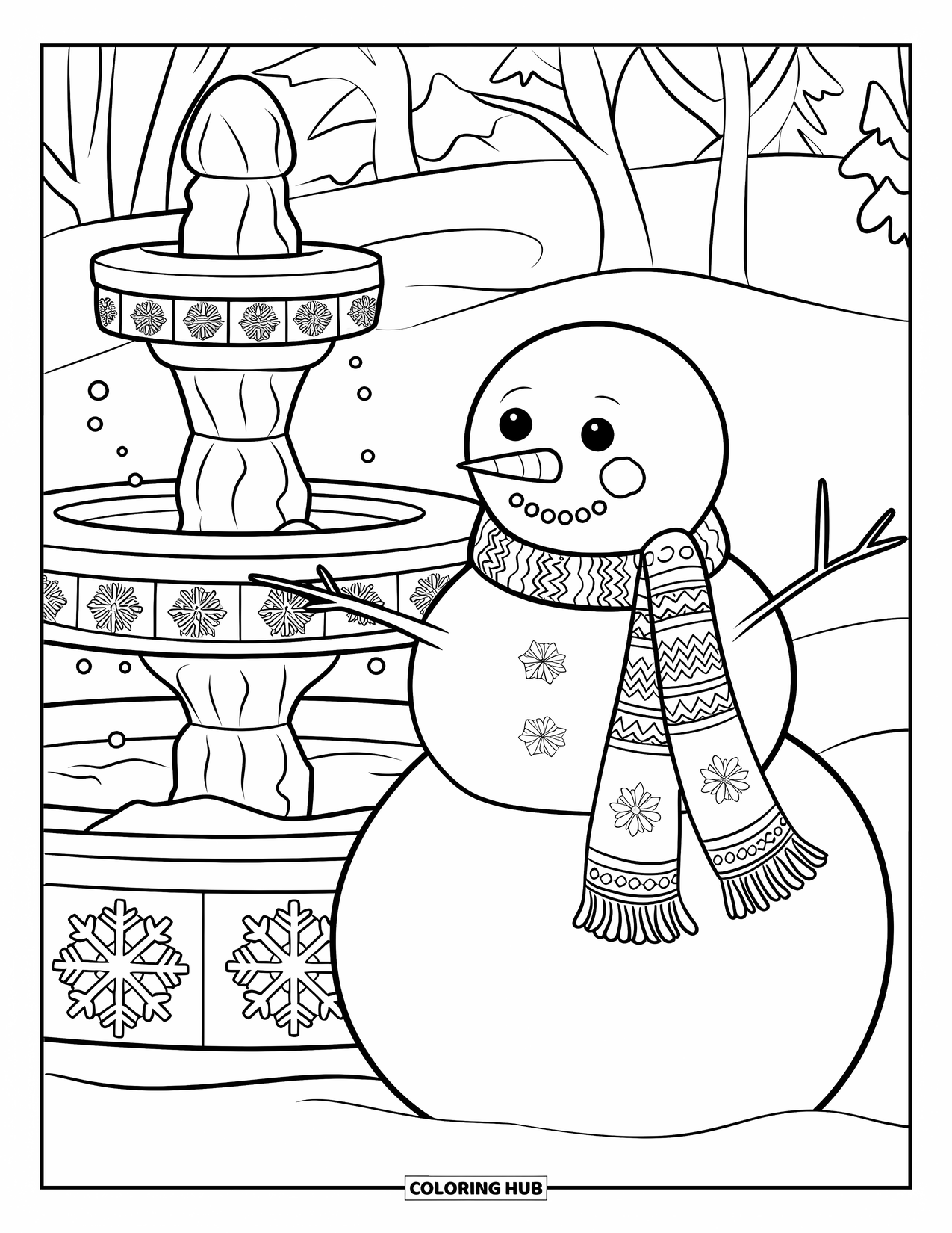 Kolorowanka z bałwanem dla dorosłych: Bałwan ze skomplikowanym szalikiem stoi obok zamarzniętej fontanny ozdobionej rzeźbionymi zimowymi motywami.