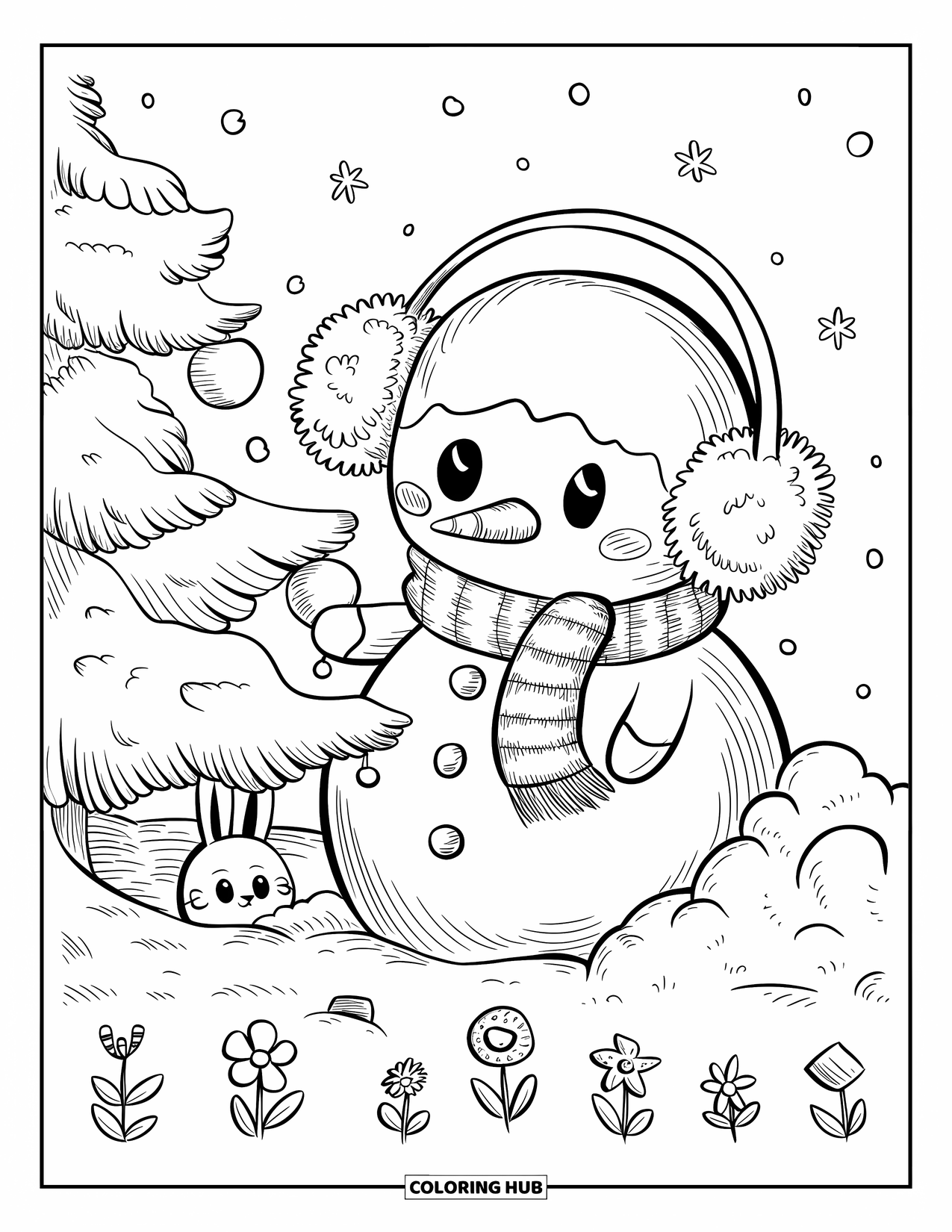 Kolorowanka z bałwanem dla dorosłych: Bałwan z dużymi nausznikami ozdabia małe drzewko, podczas gdy króliczek wygląda zza kul śnieżnych