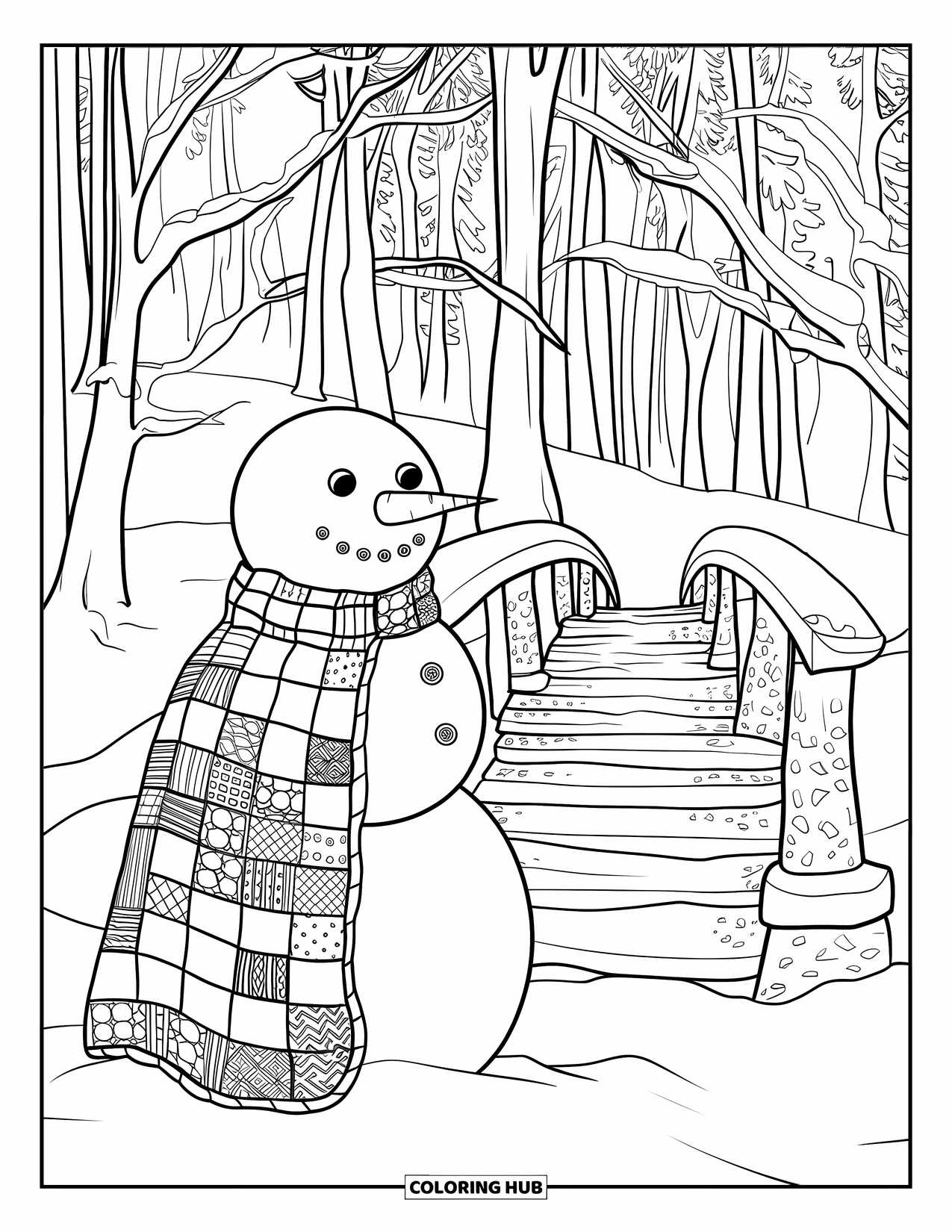 Kolorowanka z bałwanem dla dorosłych: Bałwan owinięty szczegółową kołdrą stoi przy drewnianym moście, otoczony spokojnym, zamarzniętym lasem.