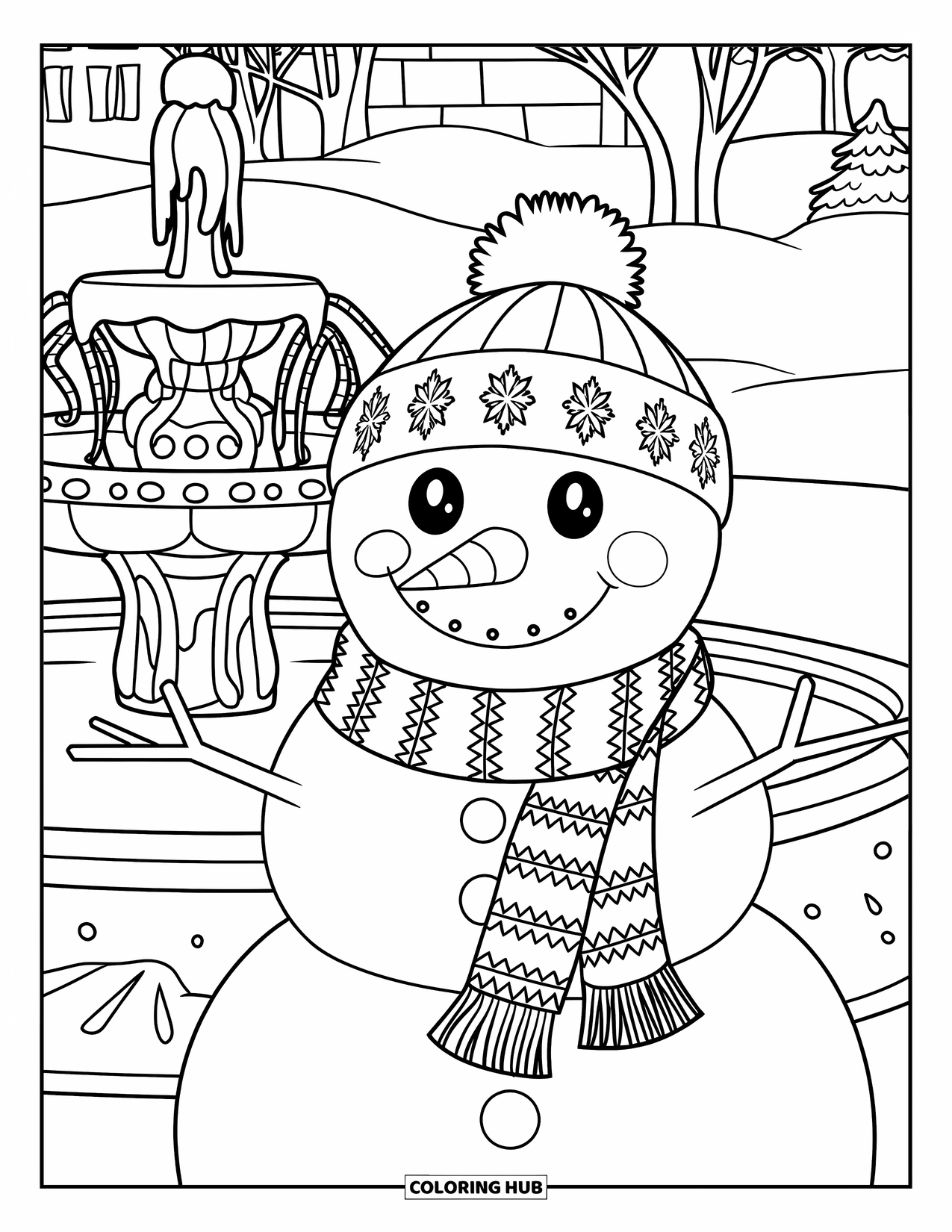 Kolorowanka z bałwanem dla dorosłych: Bałwan owinięty szczegółowym szalikiem stoi w pobliżu zamarzniętej fontanny, otoczony spokojną zimową scenerią.