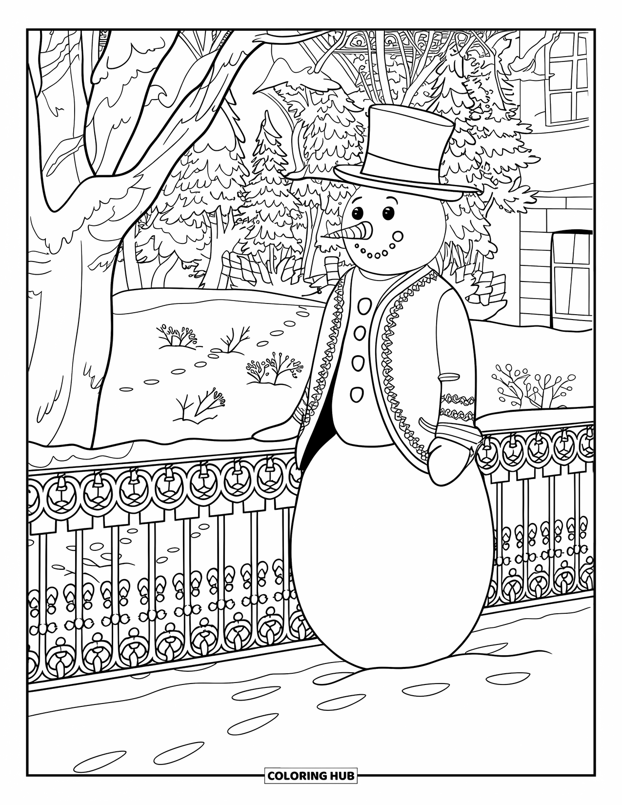 Kolorowanka z bałwanem dla dorosłych: Wysoki bałwan w haftowanym płaszczu stoi obok ozdobnego kutego żelaznego ogrodzenia z widokiem na zimowy ogród.