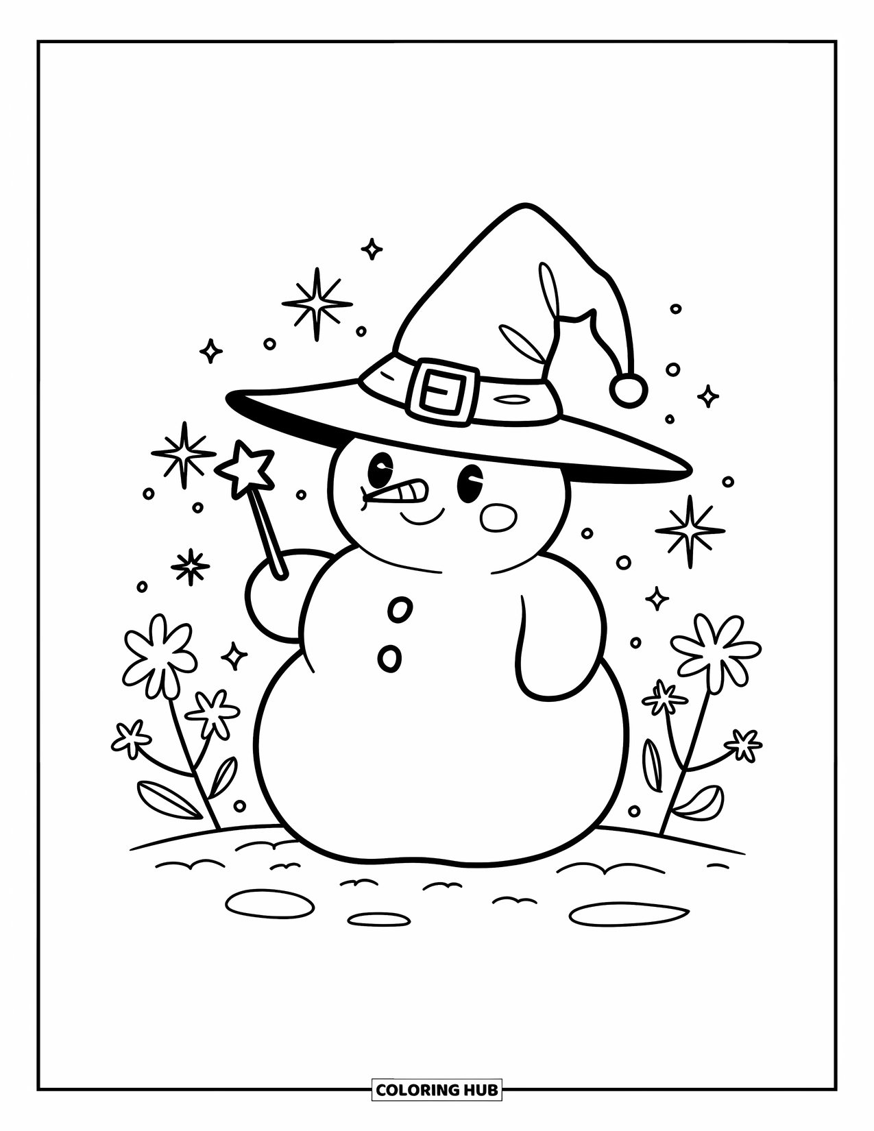 Kolorowanka z bałwanem dla dorosłych: Kapryśny bałwan w czarodziejskim kapeluszu stoi na śniegu, otoczony iskierkami i kwiatami
