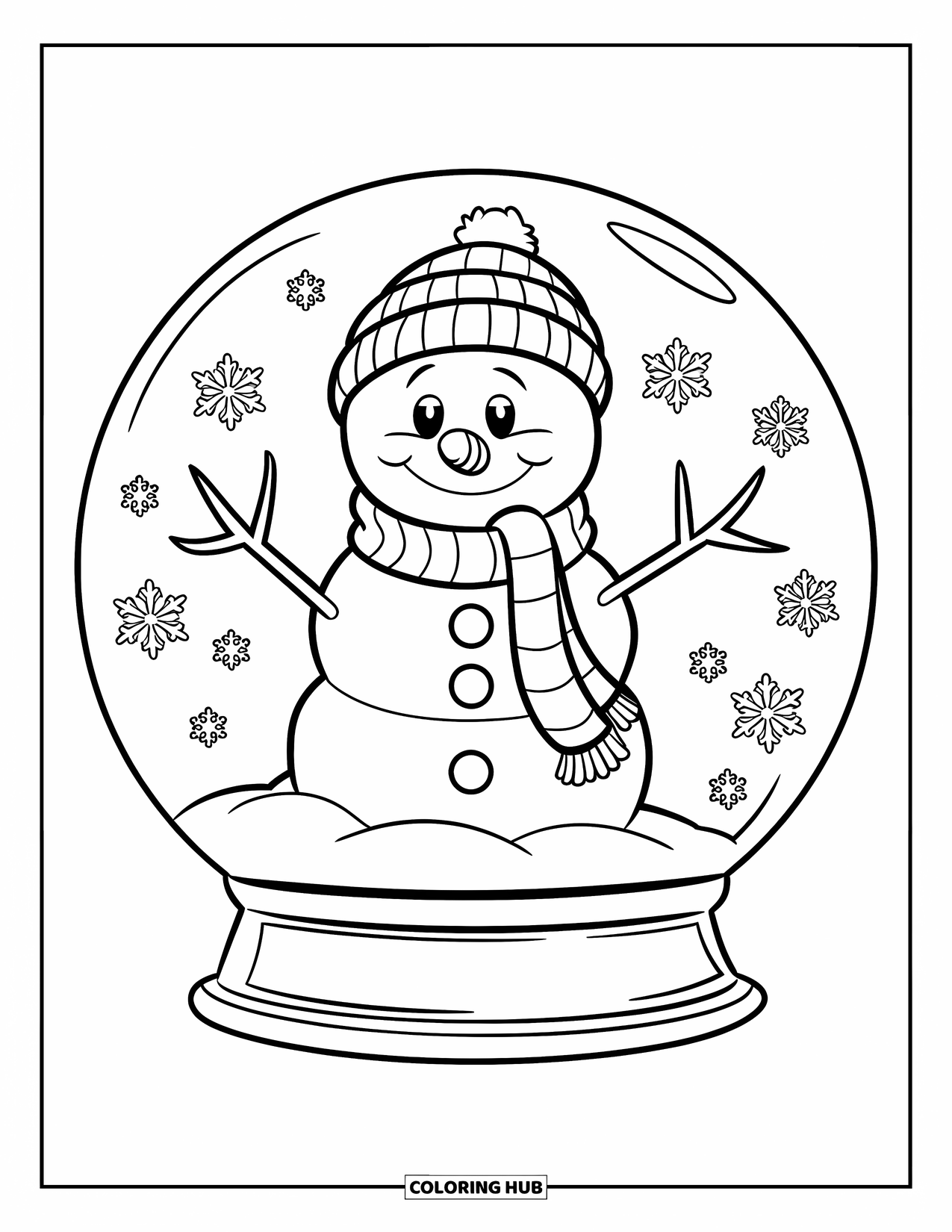Kolorowanka z bałwanem dla dzieci: Radosny bałwan ubrany na zimę stoi wewnątrz śnieżnej kuli, otoczony spadającymi płatkami śniegu