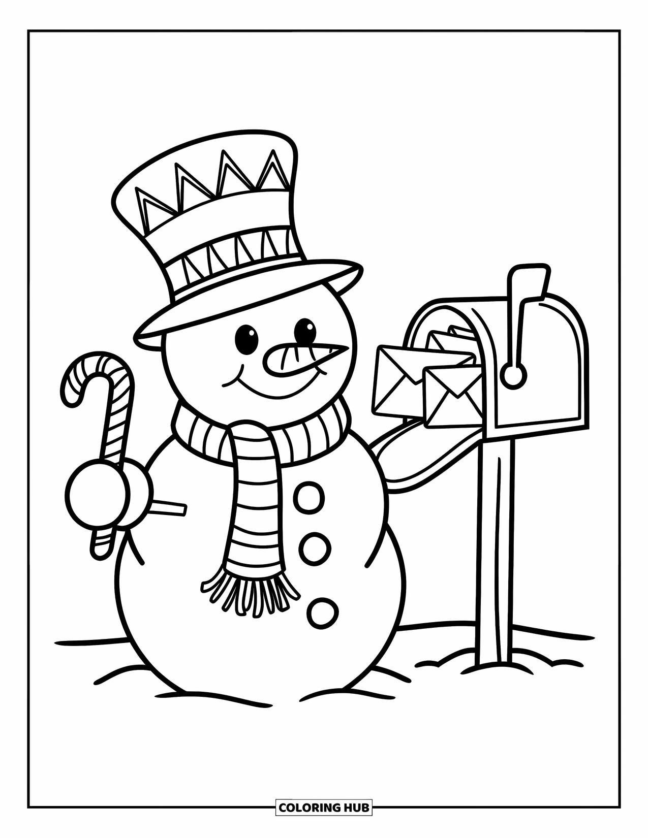 Kolorowanka z bałwanem dla dzieci: Radosny bałwan trzymający laskę cukrową stoi obok skrzynki pocztowej, otoczony spokojną zimową scenerią