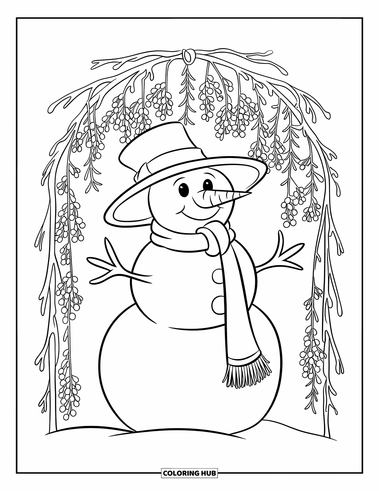 Kolorowanka z bałwanem dla dzieci: Radosny bałwan w miękkim kapeluszu stoi pod łukiem zimowych jagód w śnieżnym krajobrazie