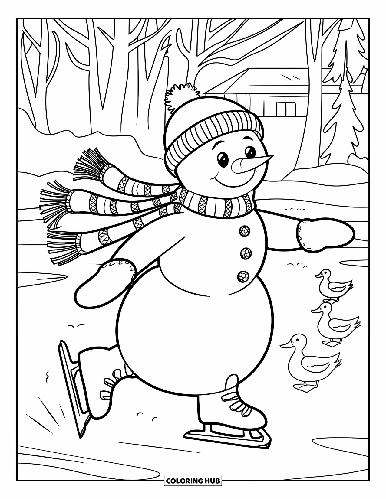 Kolorowanka z bałwanem dla dzieci: Radosny bałwan w dzierganej czapce ślizga się po lodzie, a kaczki obserwują z zamarzniętego stawu
