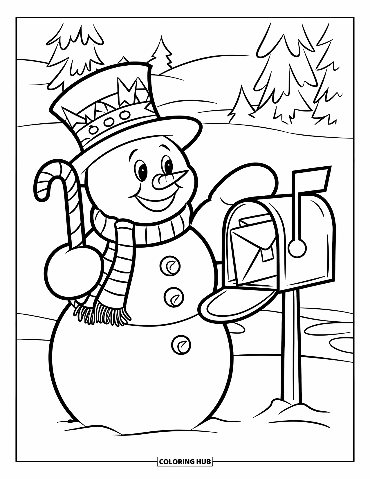 Kolorowanka z bałwanem dla dzieci: Radosny bałwan w cylindrze i pasiastym szaliku trzyma laskę cukrową obok skrzynki pocztowej wypełnionej listami