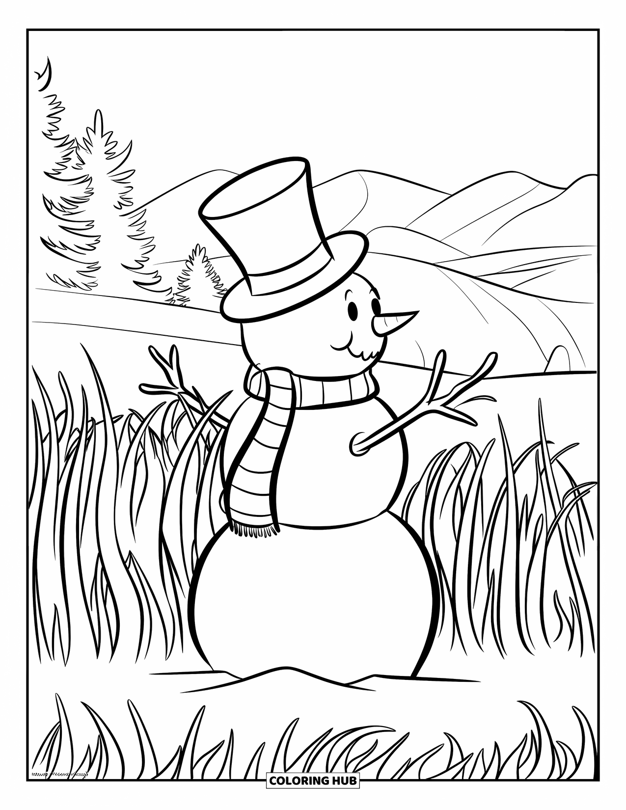 Kolorowanka z bałwanem dla dzieci: Radosny bałwan w cylindrze stoi na oszronionej trawie, patrząc w stronę ośnieżonego pasma górskiego