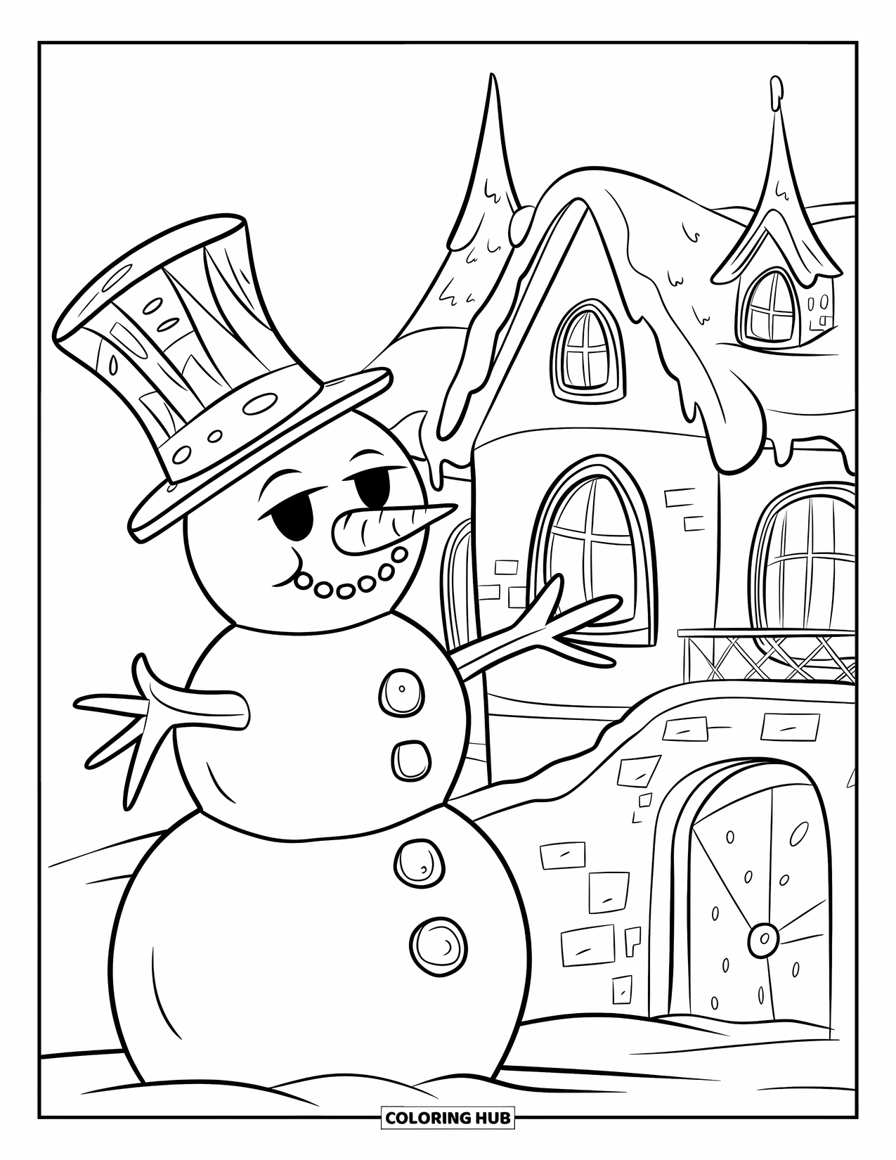 Kolorowanka z bałwanem dla dzieci: Radosny bałwan w cylindrze stoi w pobliżu zamku z wieżyczkami i mostem zwodzonym w śniegu