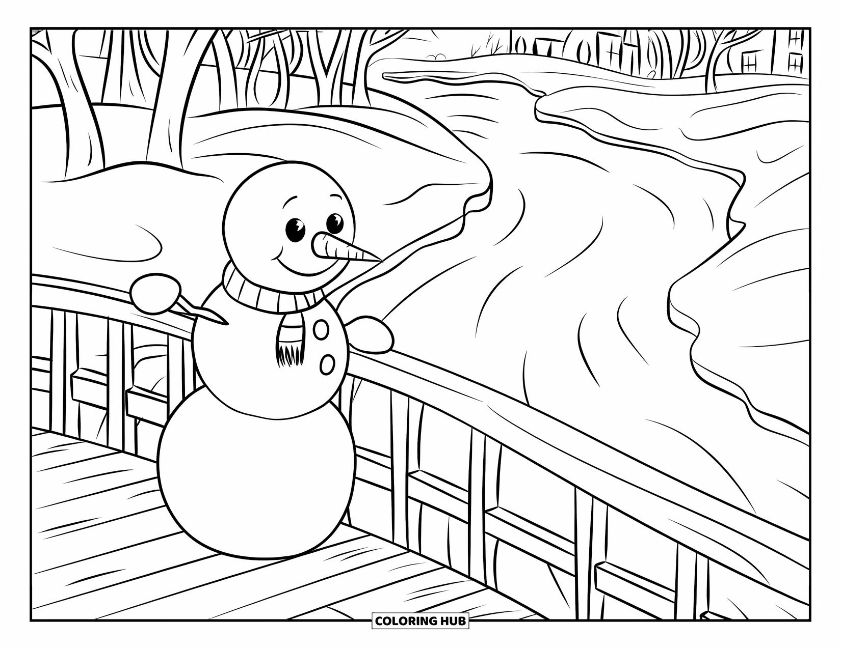 Kolorowanka z bałwanem dla dzieci: Radosny bałwan opiera się o barierkę mostu, podziwiając zamarzniętą rzekę i nagie zimowe drzewa