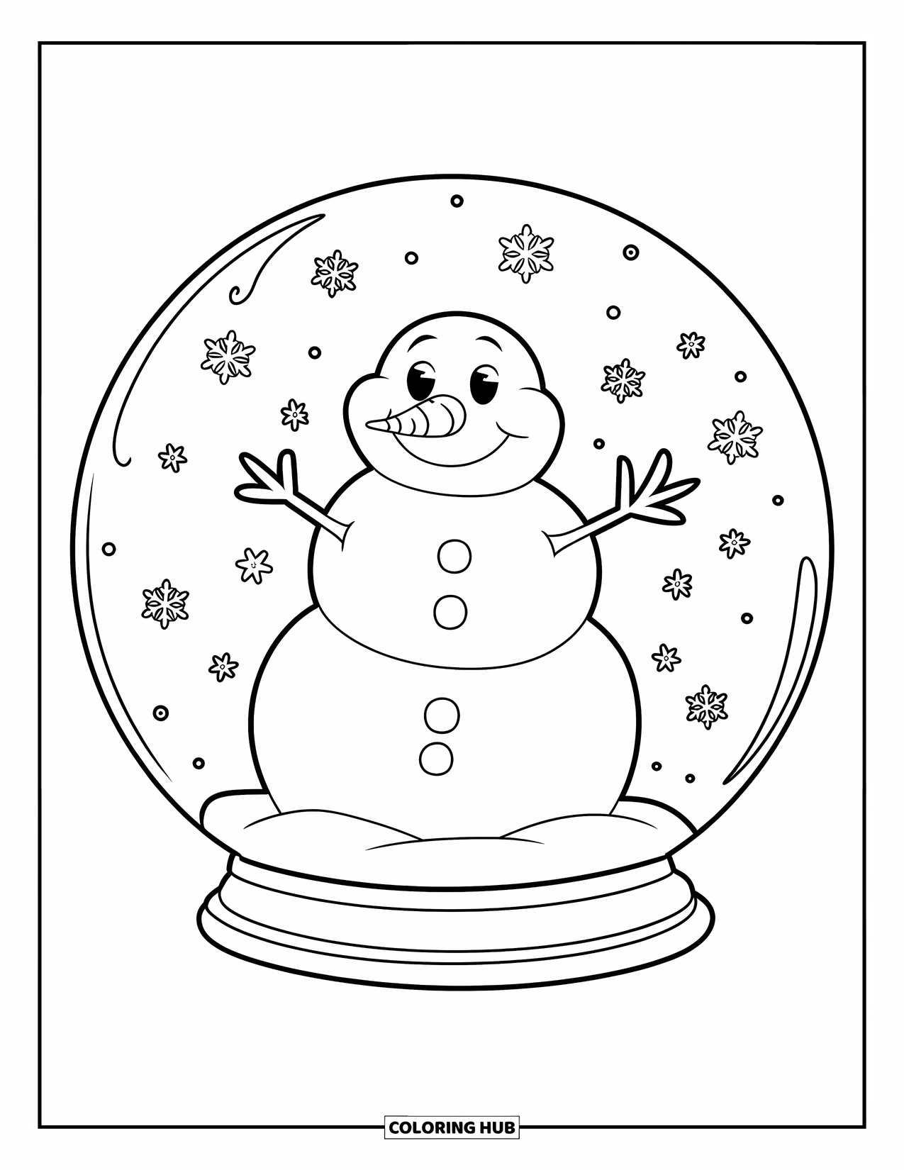 Kolorowanka z bałwanem dla dzieci: Wesoły bałwan siedzi wewnątrz śnieżnej kuli, a delikatne płatki śniegu wirują wokół w przezroczystej kopule