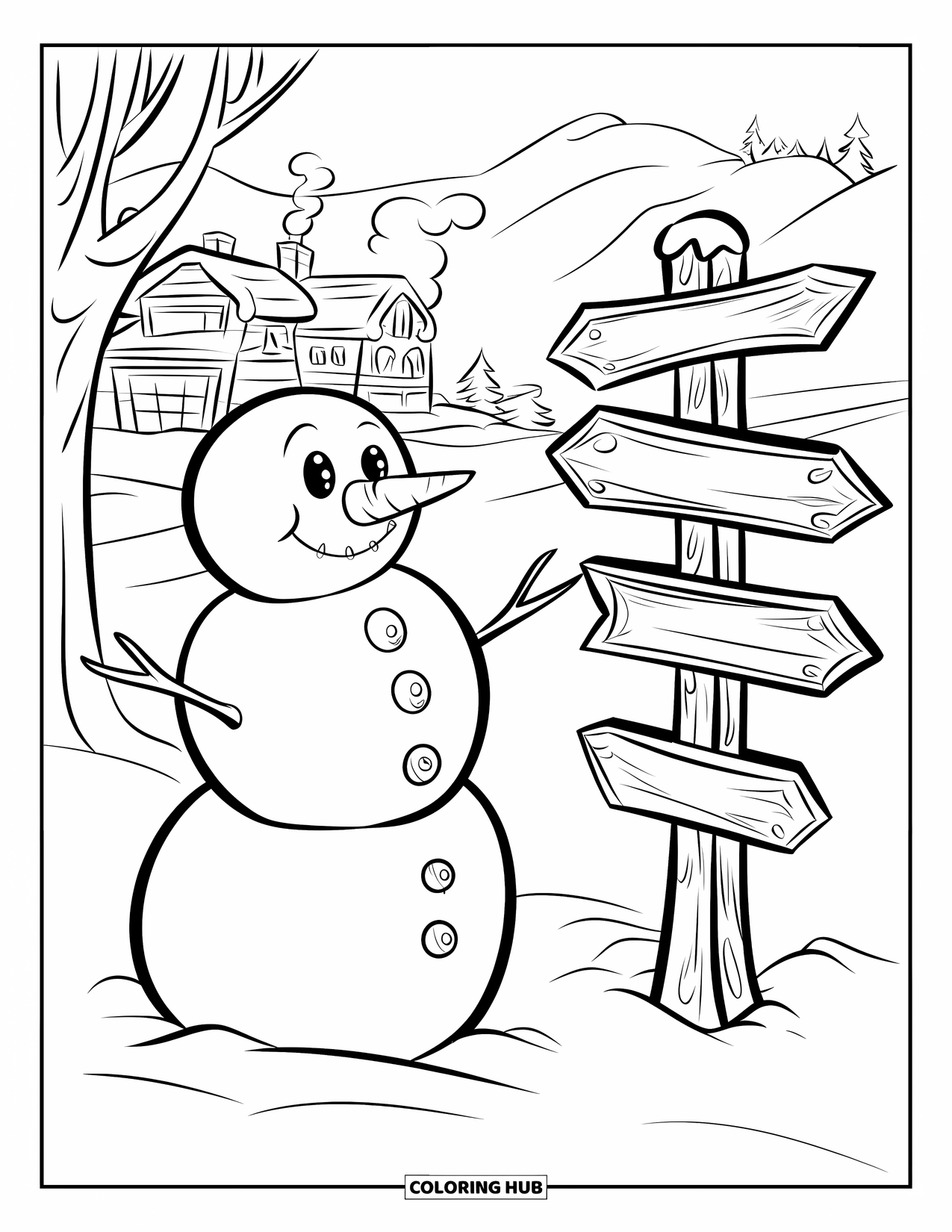 Kolorowanka z bałwanem dla dzieci: Radosny bałwan stoi obok udekorowanego drogowskazu, wskazując drogę do przytulnej wioski