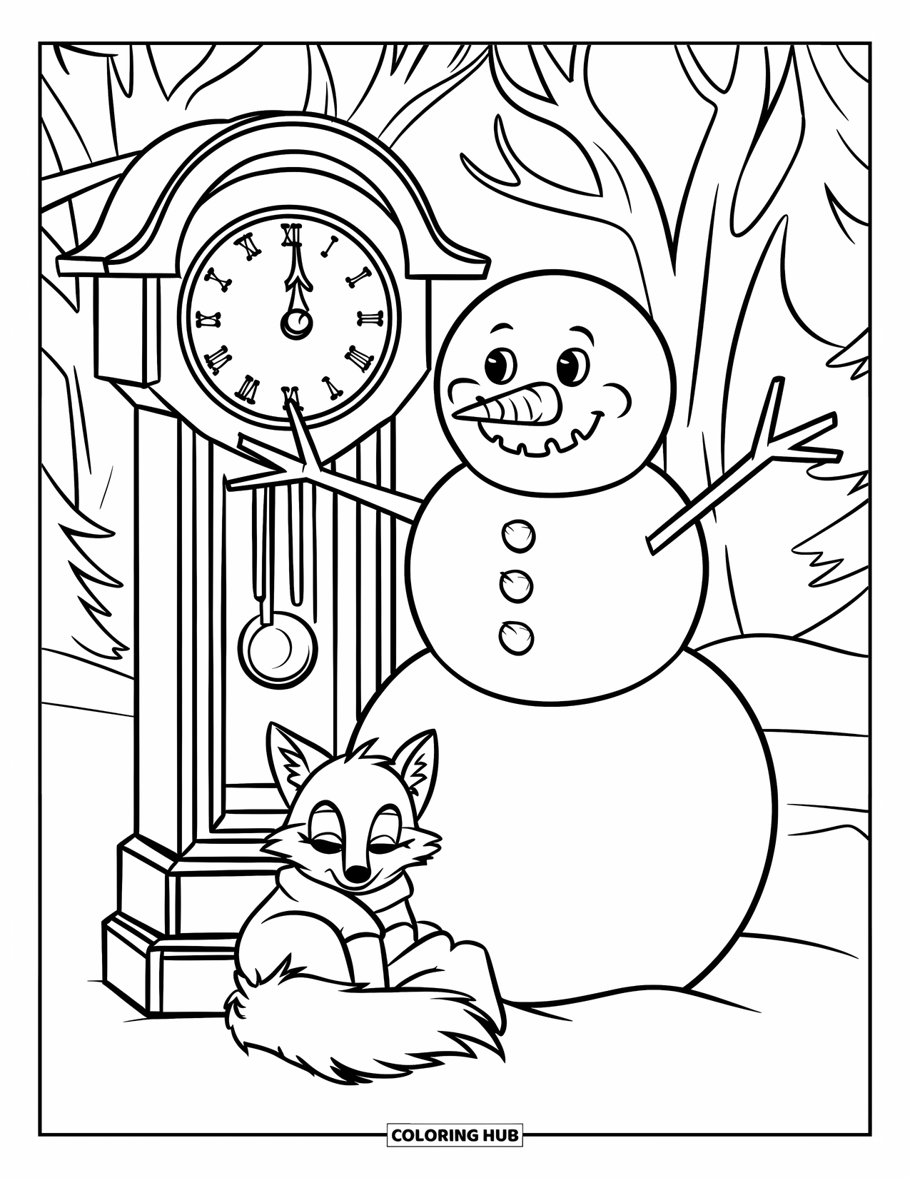 Kolorowanka z bałwanem dla dzieci: Radosny bałwan stoi obok dużego drewnianego zegara, a puszysty lis z ogonem odpoczywa na skale