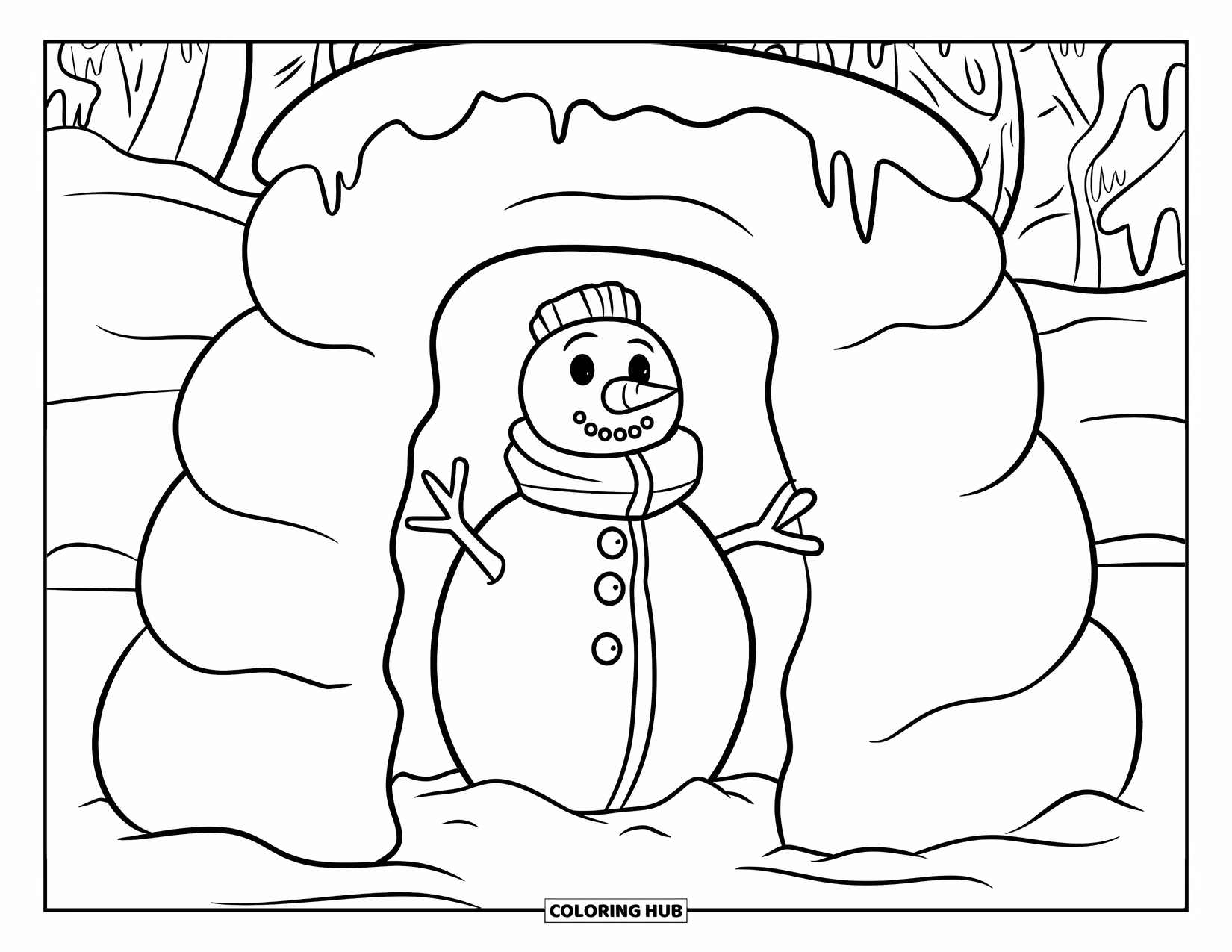 Kolorowanka z bałwanem dla dzieci: Radosny bałwan stoi wewnątrz śnieżnego fortu, otoczony okrągłymi śnieżnymi ścianami i wiszącymi soplami