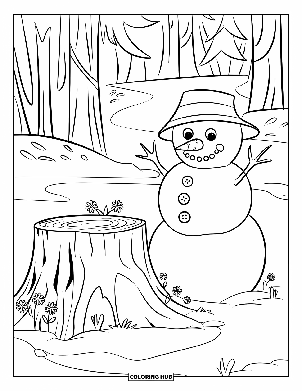 Kolorowanka z bałwanem dla dzieci: Wesoły bałwan stoi obok udekorowanego pnia drzewa, z krętą ścieżką prowadzącą przez zaśnieżony las